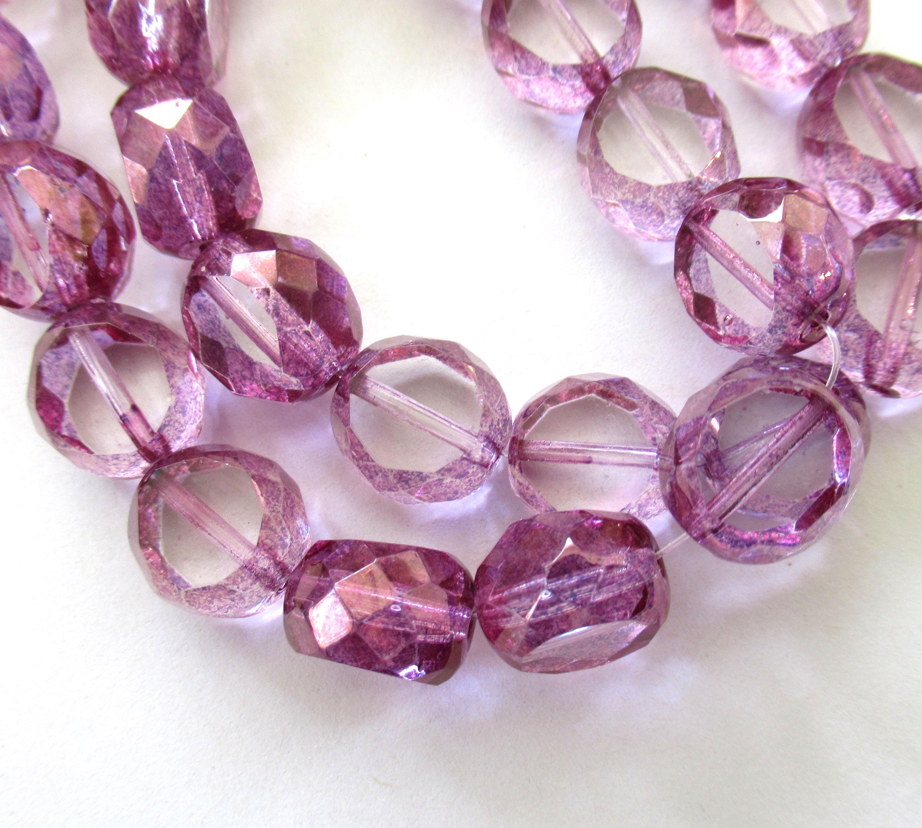 Five 12mm large Czech glass beads - purple & crystal window beads - table cut chunky statement or focal beads - dual faceted fire polished beads - 600531