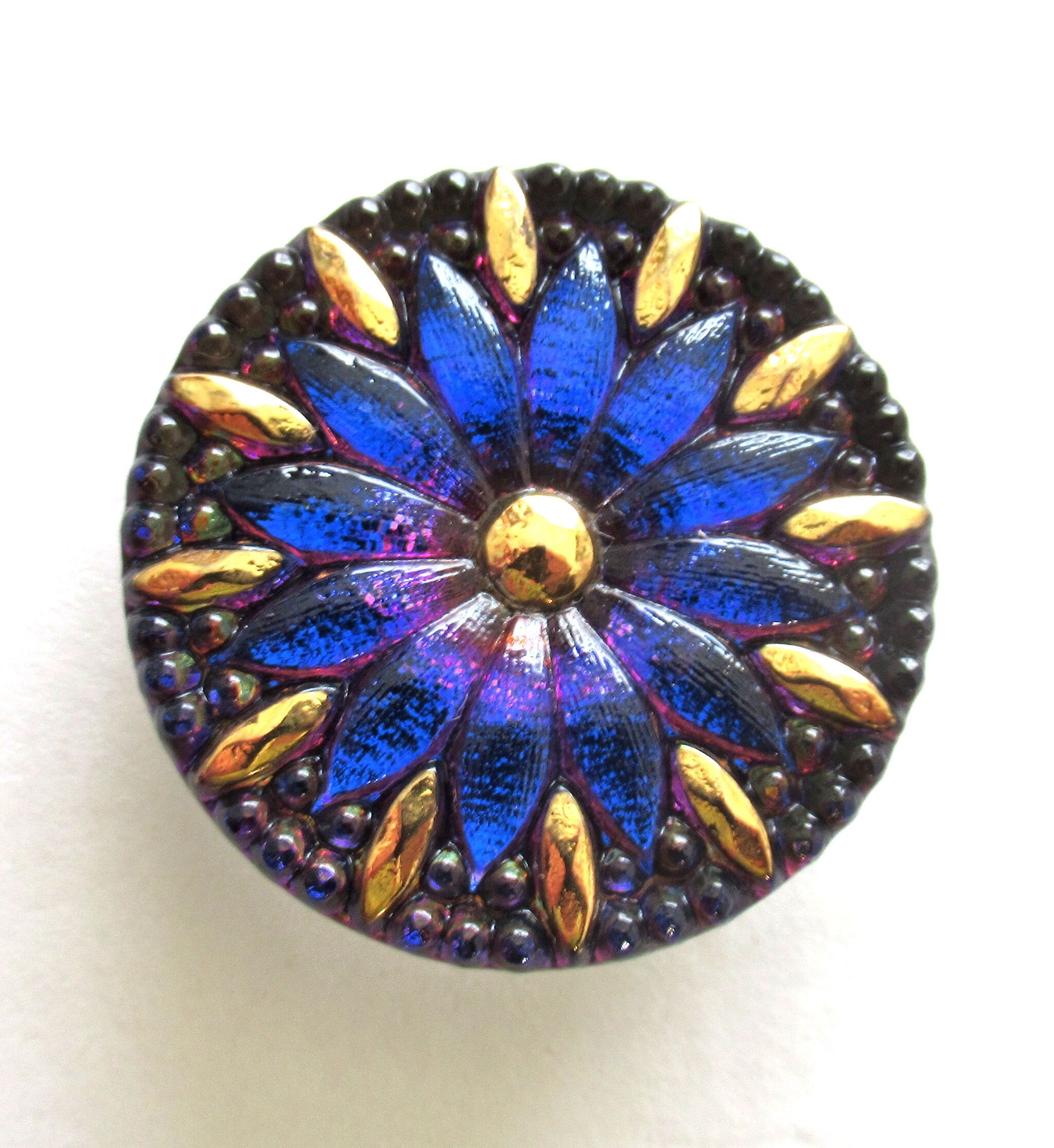 One Czech art glass button - 31mm bright blue violet / pink flower button with gold accents - decorative floral shank buttons C00404