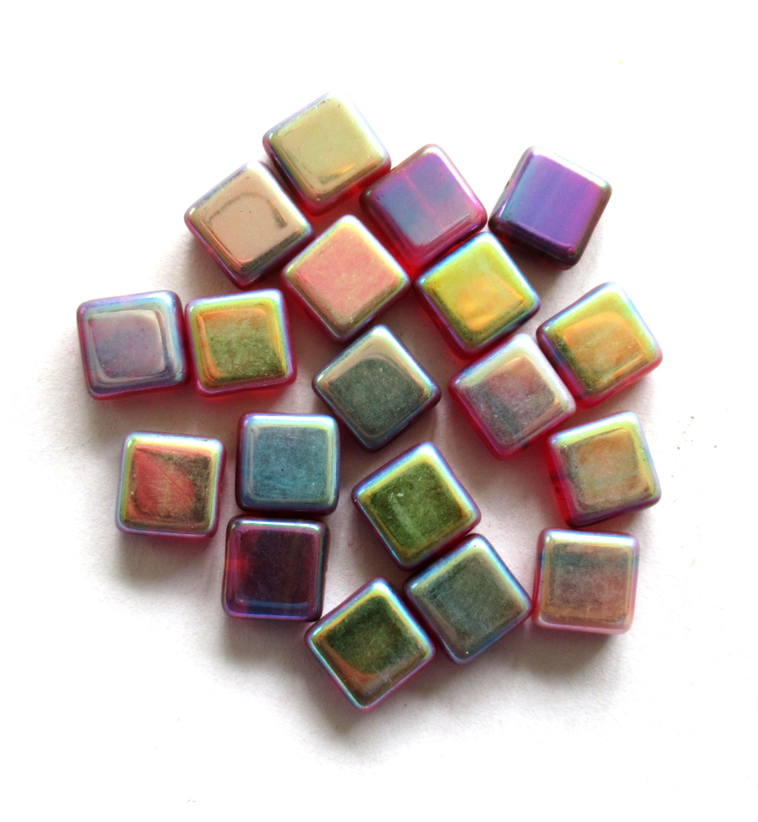 Ten large square Czech glass beads - 11mm - red beads with an iridescent rainbow ab finish - C00711