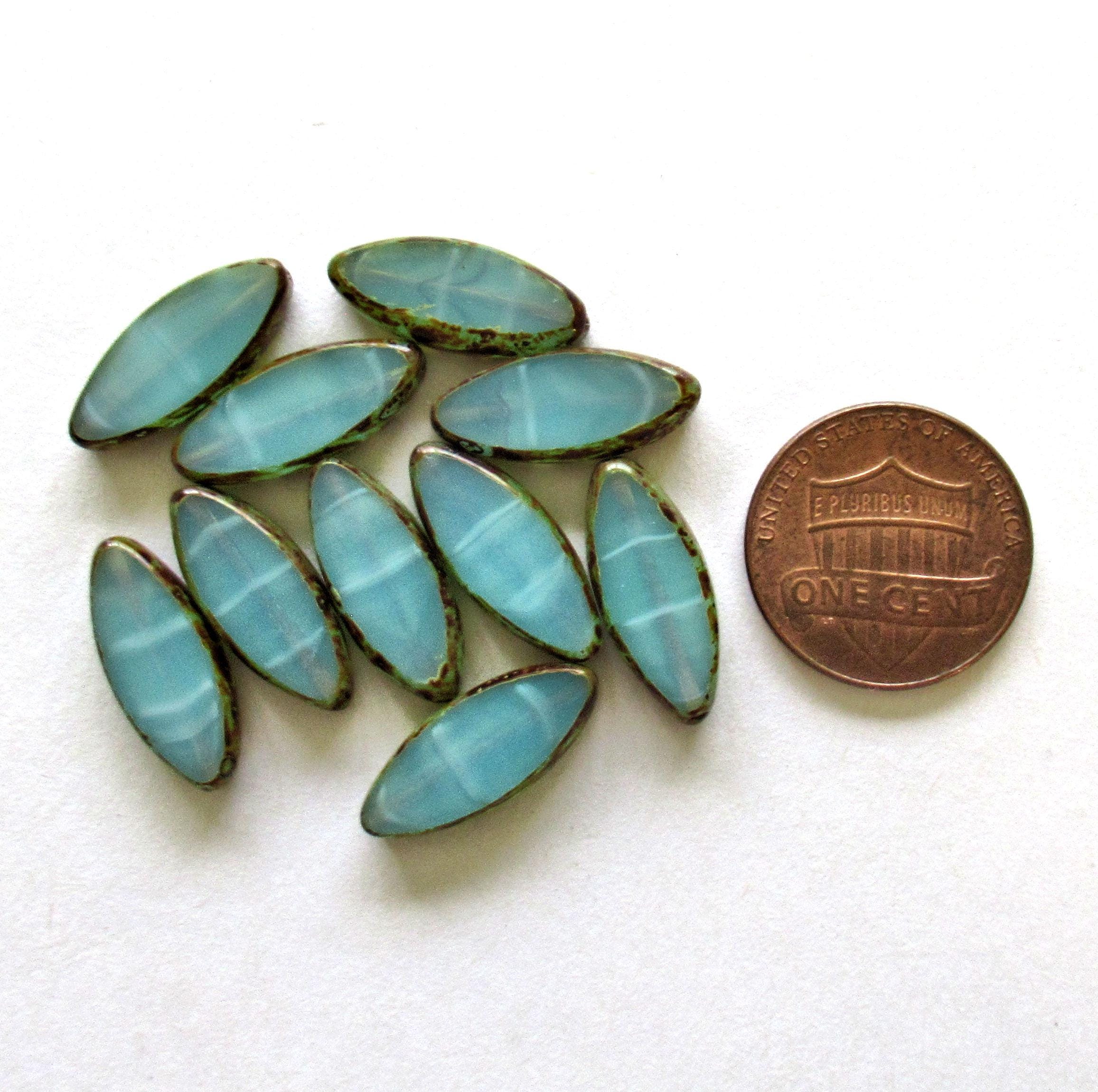 Ten Czech glass spindle beads - 7 x 18mm translucent sea-foam blue green striped picasso beads - oblong oval beads - table cut beads C00432