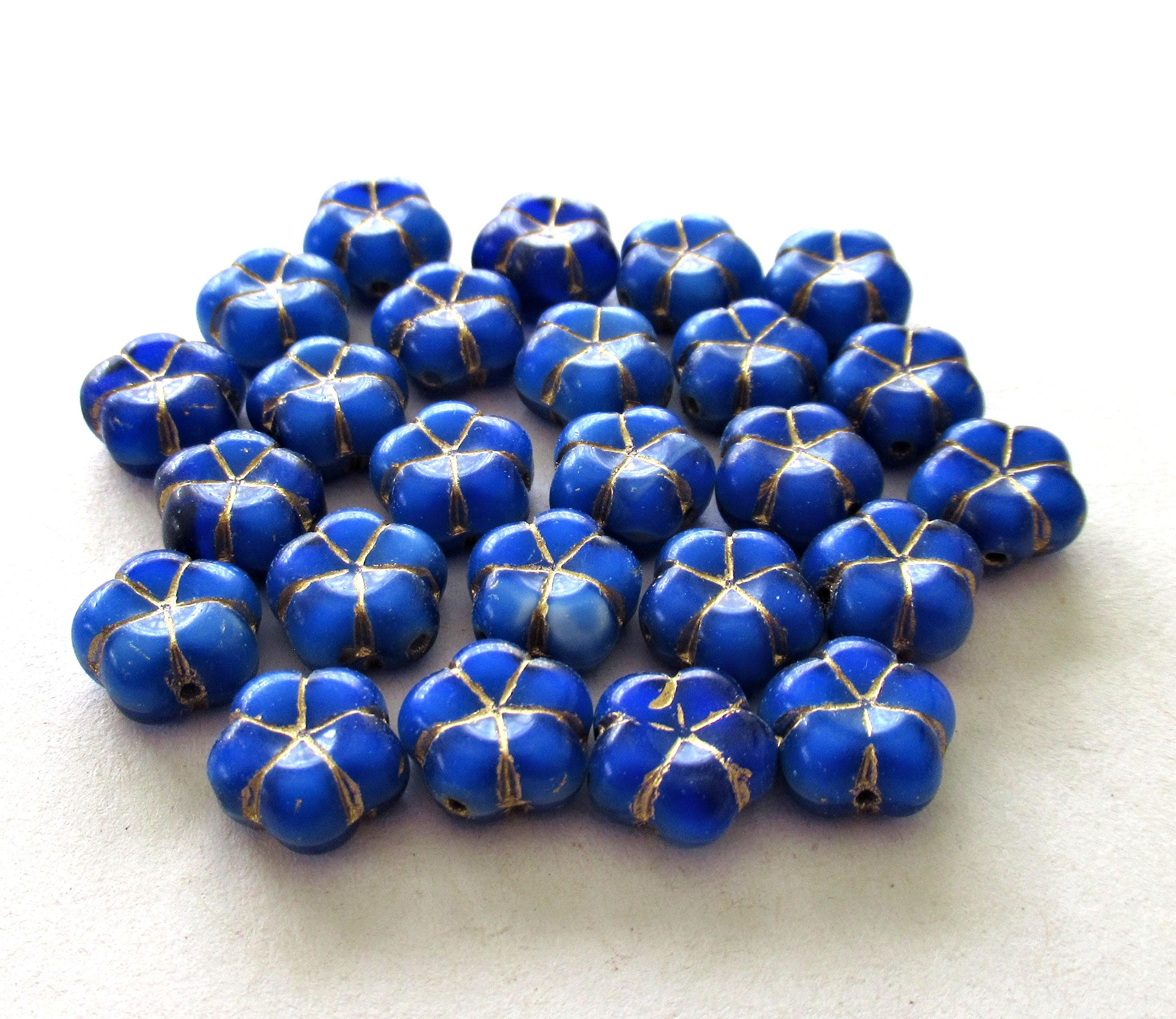 Czech glass flower beads - 10mm - opaque royal blue flowers with gold accents - 15pieces - C00231