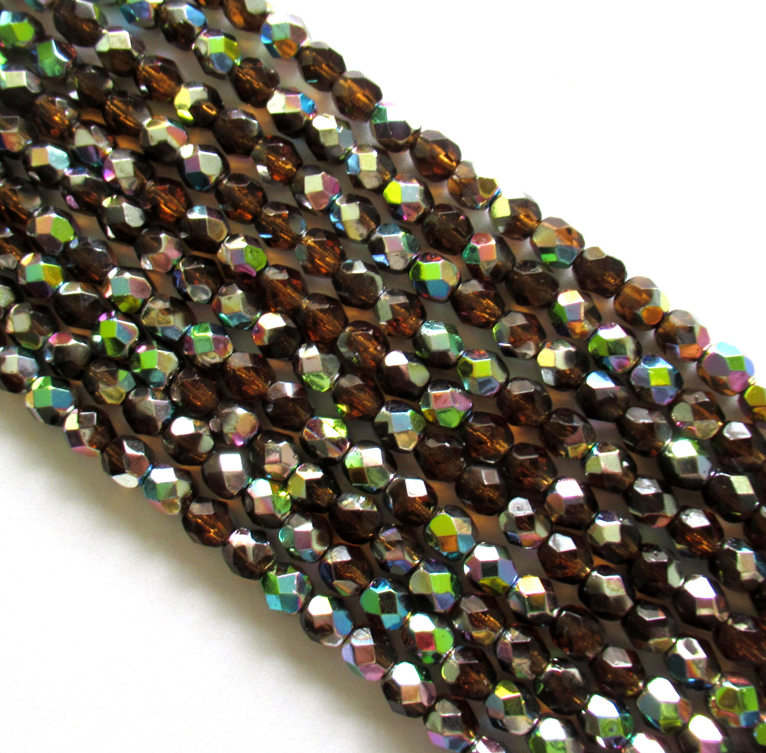 25 6mm Czech glass beads - smoky topaz brown vitral - faceted round fire polished beads C0094