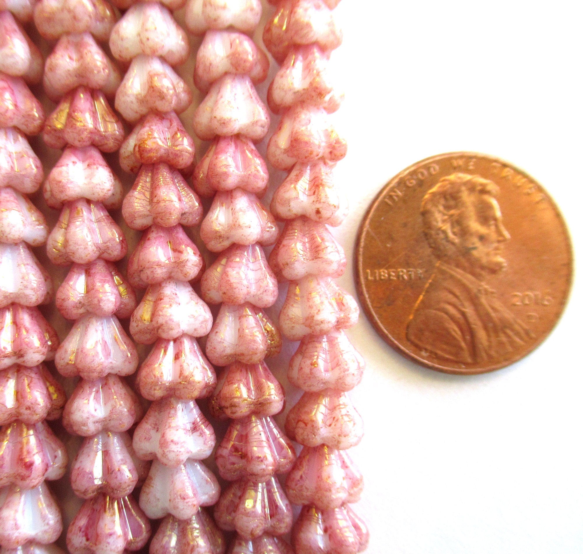 50 6mm x 4mm Czech glass baby bell flower beads - opaque dark coral pink & white with a luster finish - pressed glass beads C0029