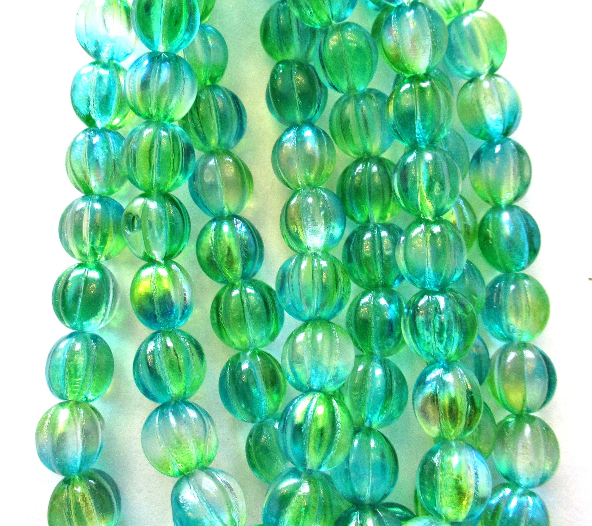 Ten 10mm Czech glass melon beads - green & blue mix pressed glass beads - C0049