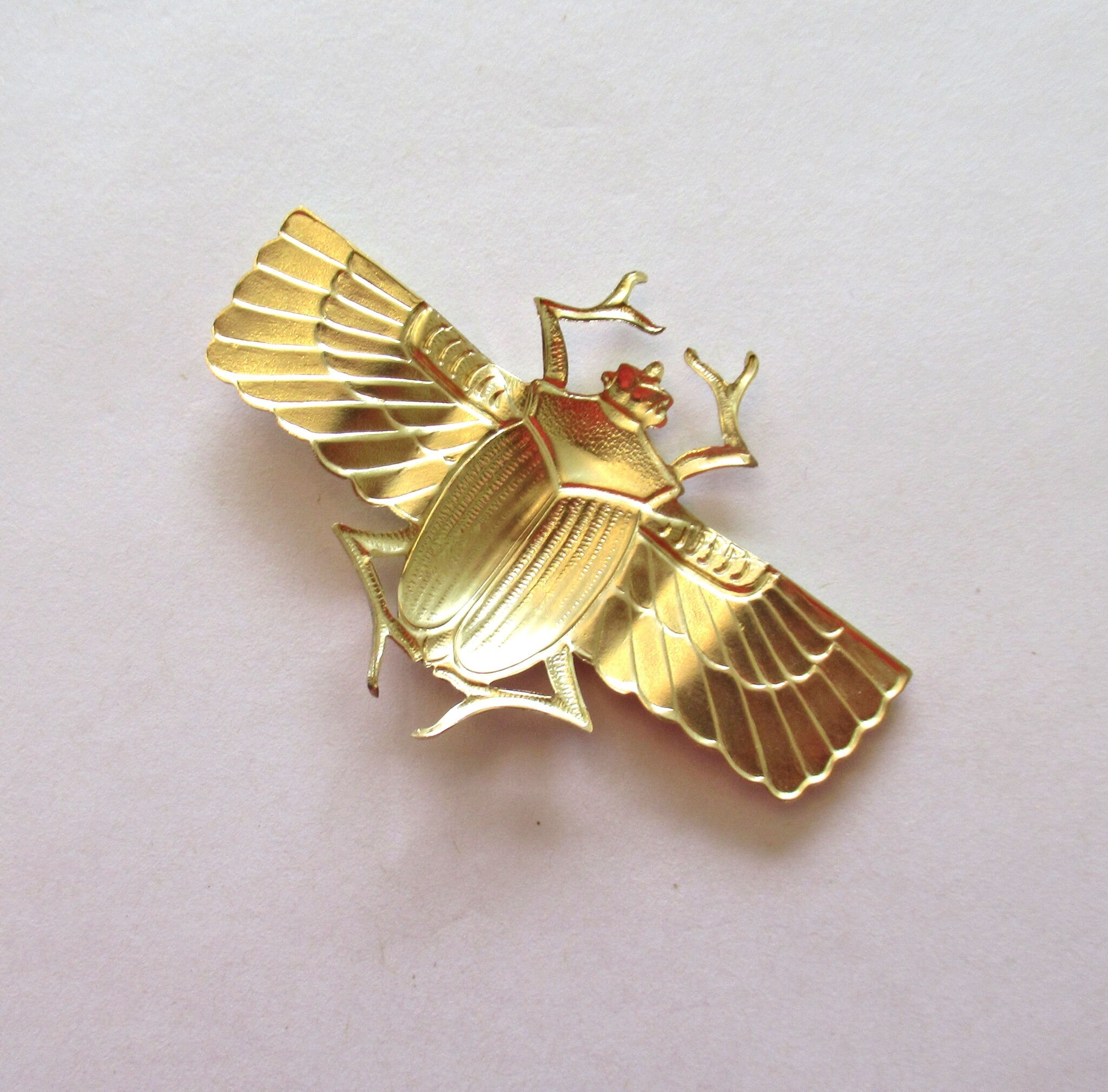 1 raw brass beetle stamping - flying Egyptian beetle, scarab, bug, pendant, charm, connector, ornament, 2.75" x 1.75" inches - C00761