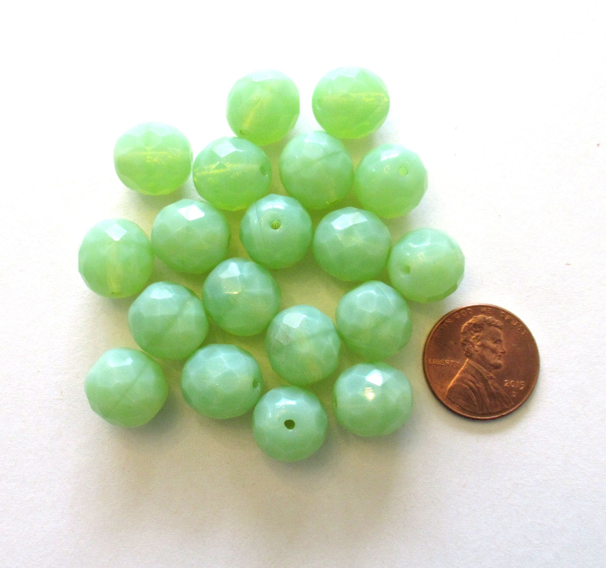 Ten 12mm Czech glass beads - milky mint green opal faceted fire polished round beads C00451