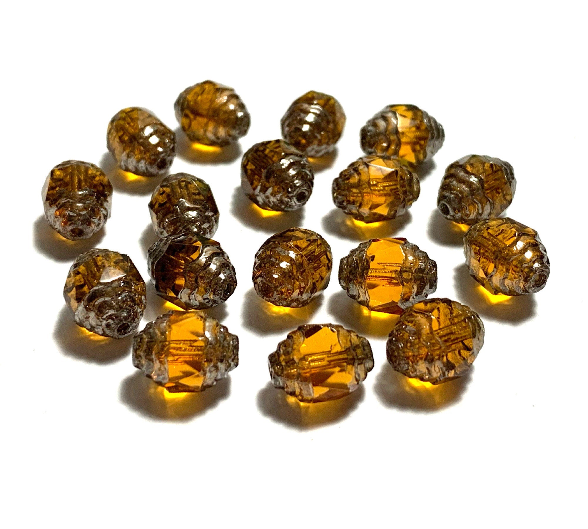 15 Czech glass fire polished faceted fancy antique cut oval cathedral beads - 10 x 8mm topaz brown beads with silver accents - C0058