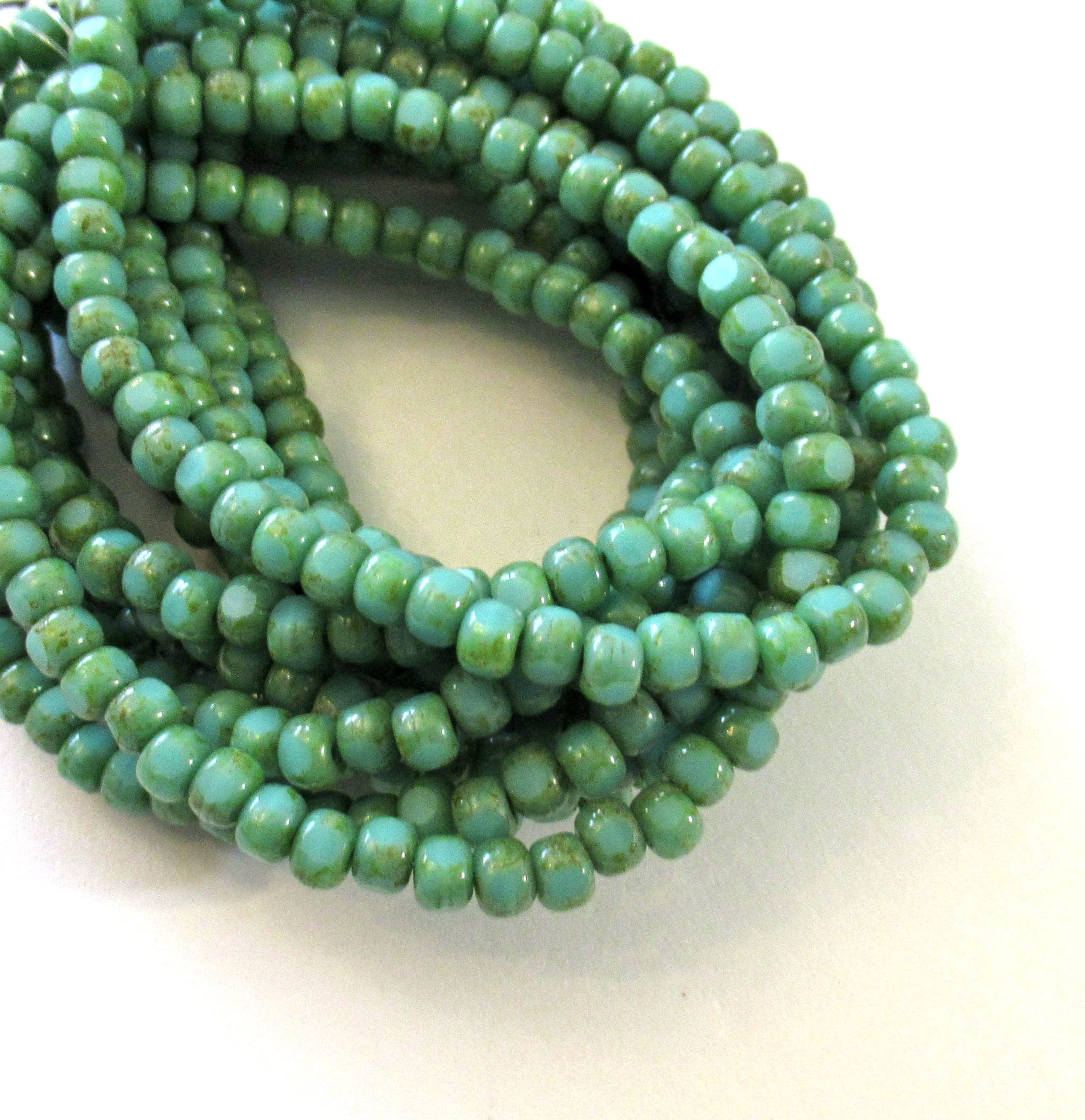 Fifty 6/0 faceted Czech glass seed beads -opaque turquoise green picasso seed beads C0087