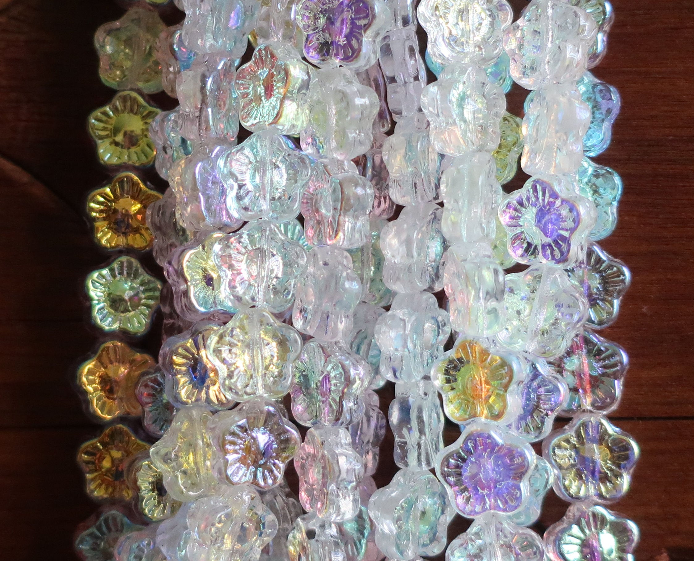 Lot of 25 10mm Crystal AB Czech glass flower beads, pressed glass white flower beads, C0036