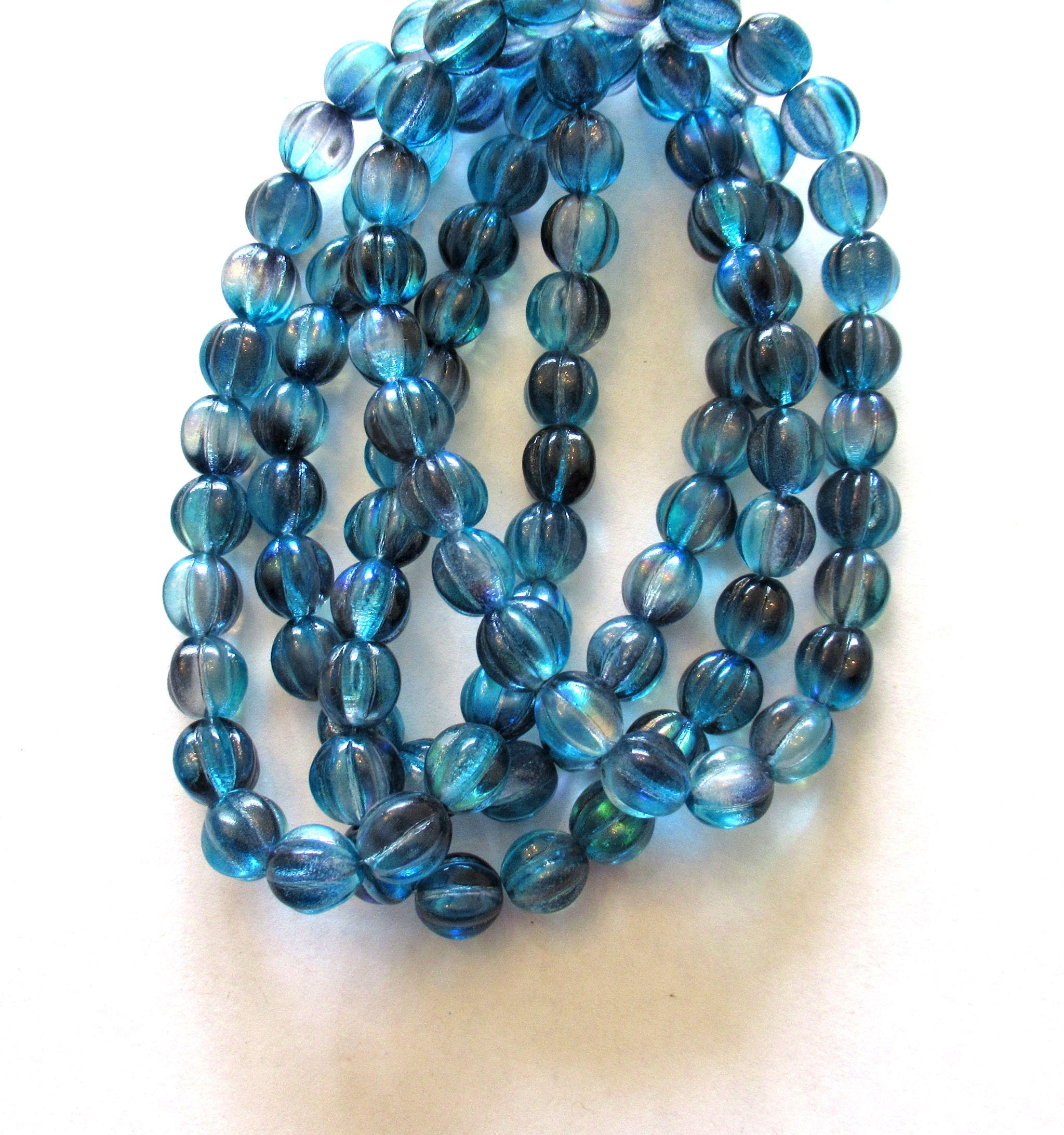 Ten 10mm Czech glass melon beads - dark and light blue color mix pressed glass beads - C0049