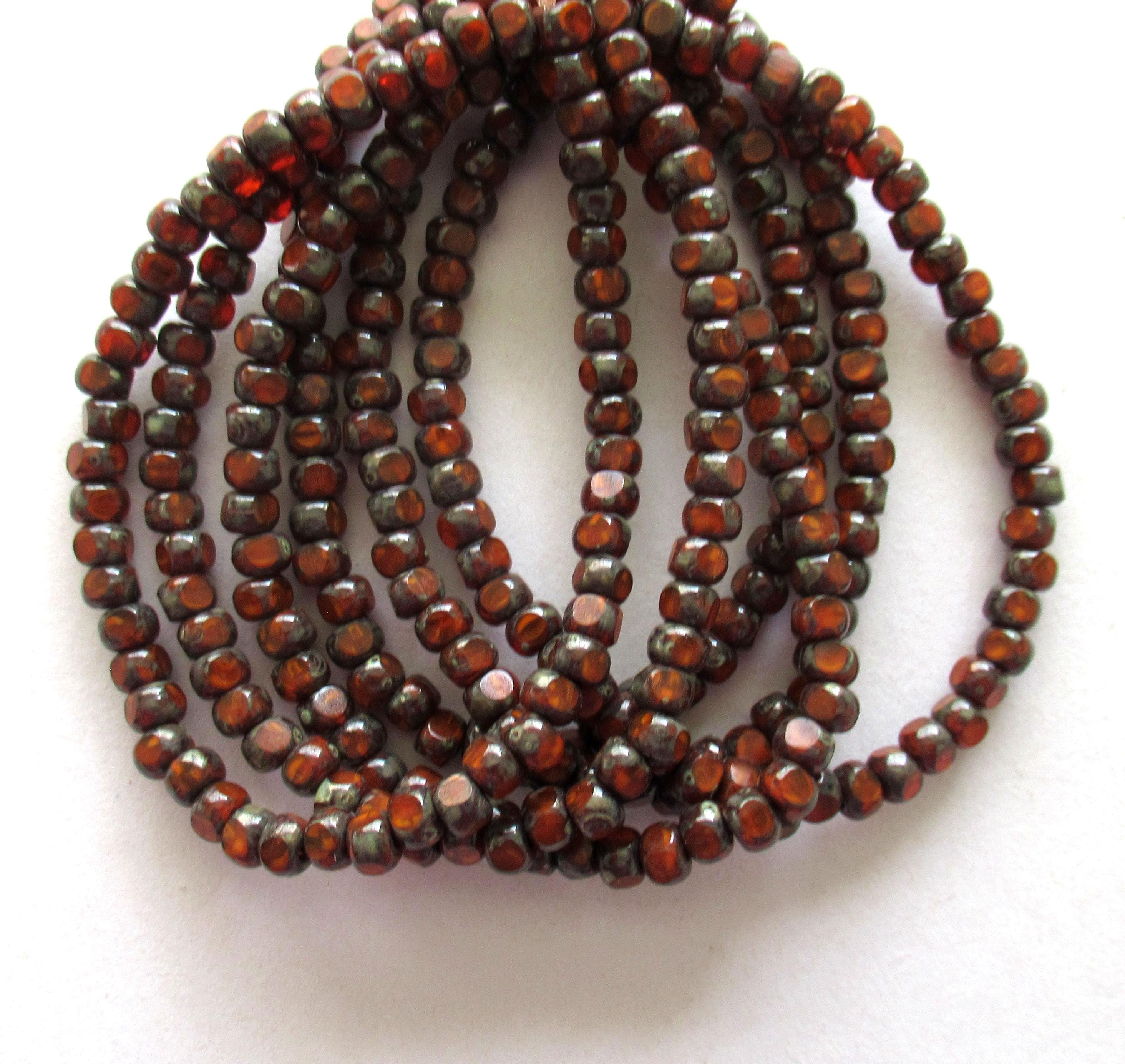 50 Czech glass 6/0 faceted seed beads - rust orange red picasso beads - 3 cut - tri-cut 4 x 3mm beads - rustic earthy beads C00611