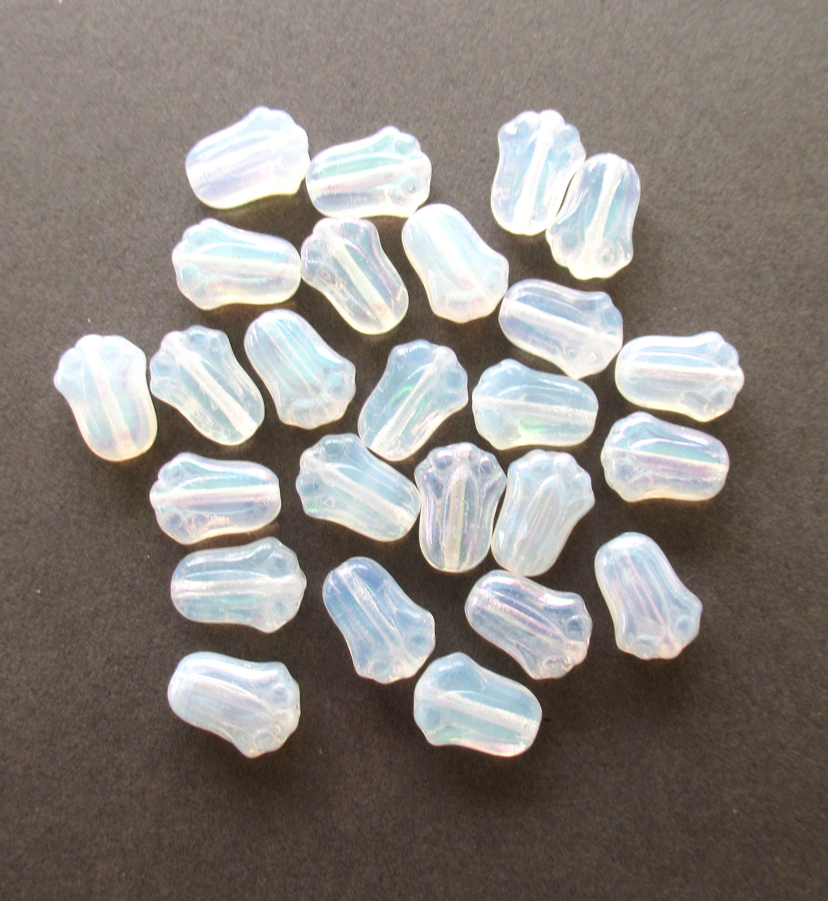 25 Czech glass tulip flower beads - milky white ab - 12 x 8mm - translucent white opal - pressed glass beads - C00088