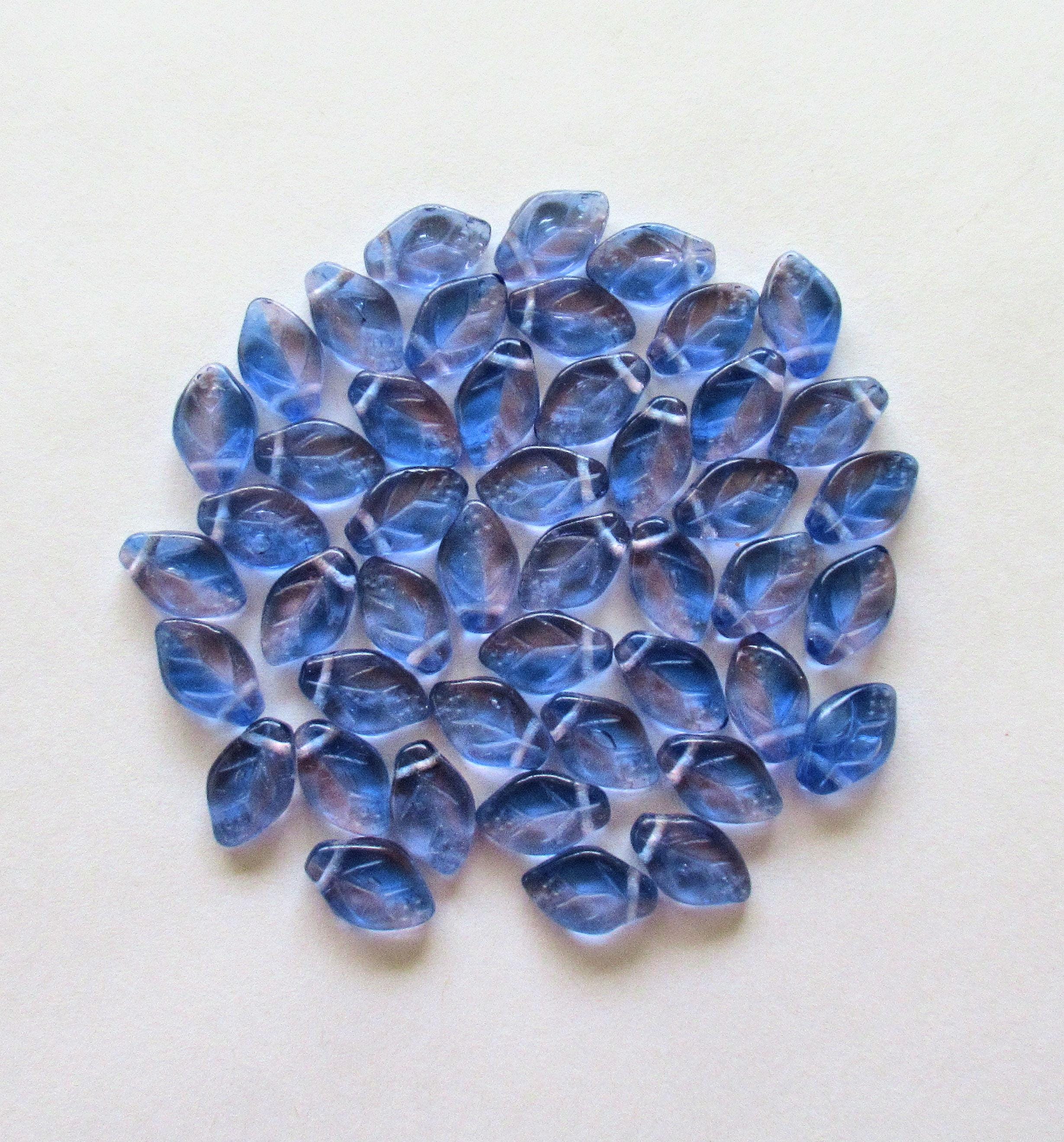 25 Czech glass leaf beads bright -light blue & purple marbled mix - 12 x 8mm - side drilled leaves - C00501