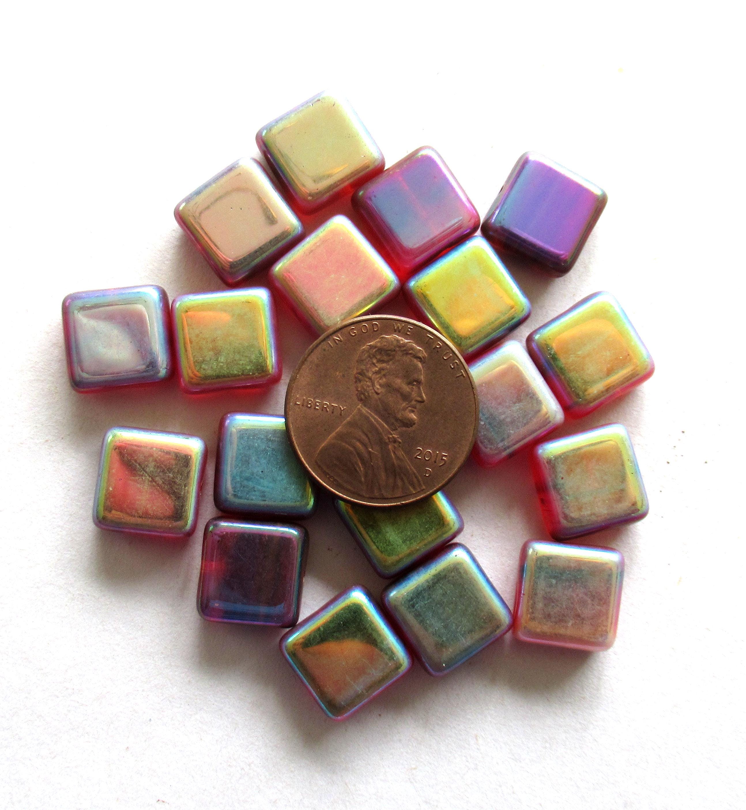 Ten large square Czech glass beads - 11mm - red beads with an iridescent rainbow ab finish - C00711