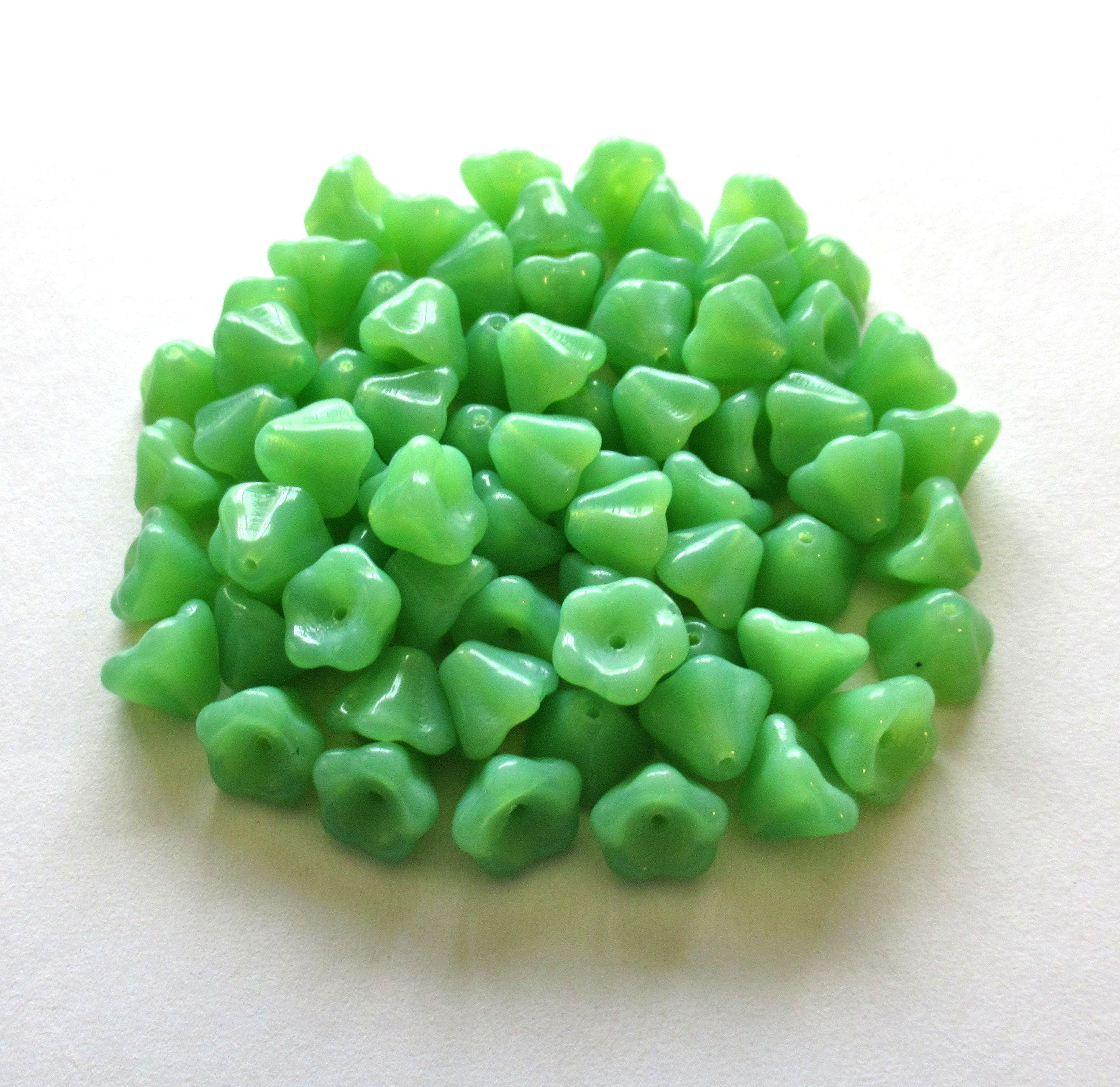 25 Czech glass bell flower beads - jade green opal pressed glass flower beads - 8 x 6mm - C00024