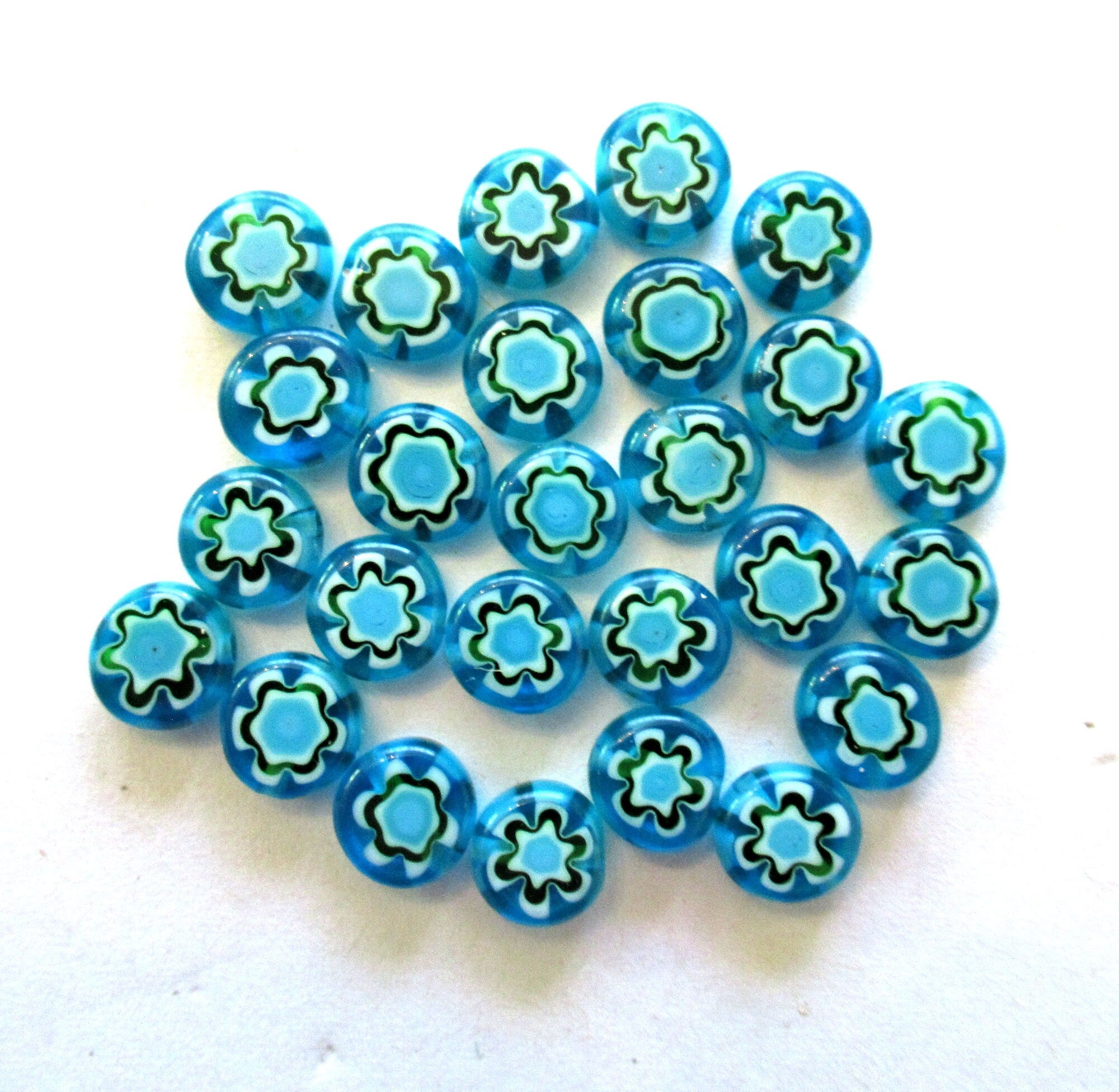 Ten 8mm cane or millefiori glass beads - aqua blue green and white coin or disc beads - C0083