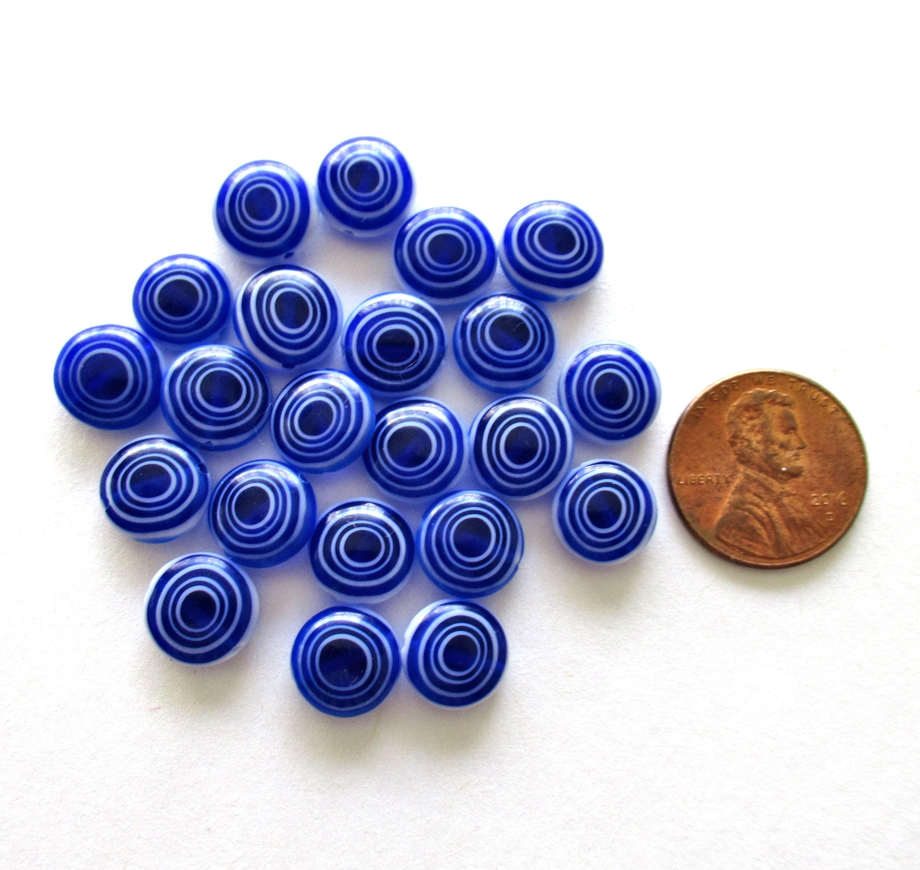 Ten 10mm glass coin beads - cobalt blue and white disc beads - target or concentric circles beads - C0001