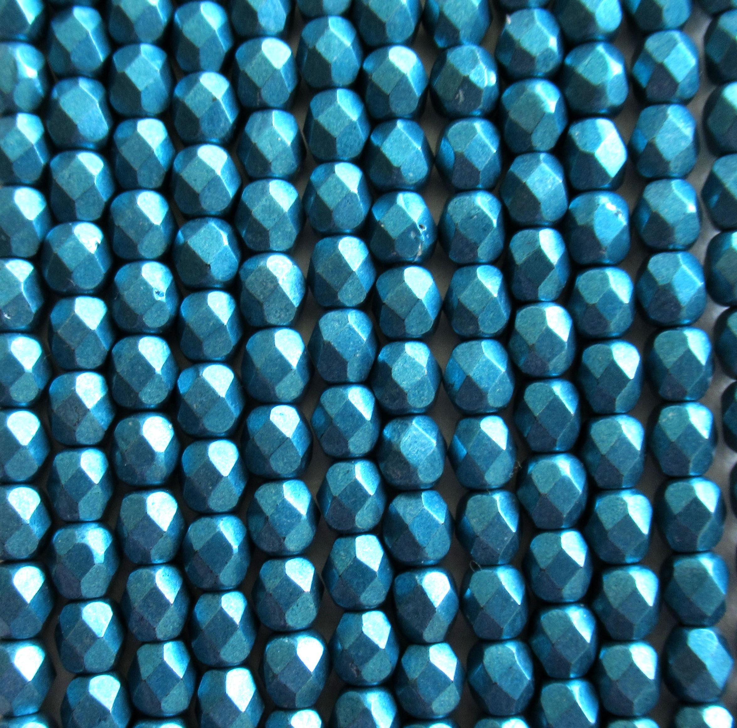 50 4mm Czech faceted round glass beads - saturated metallic shaded spruce blue - fire polished beads - C0084