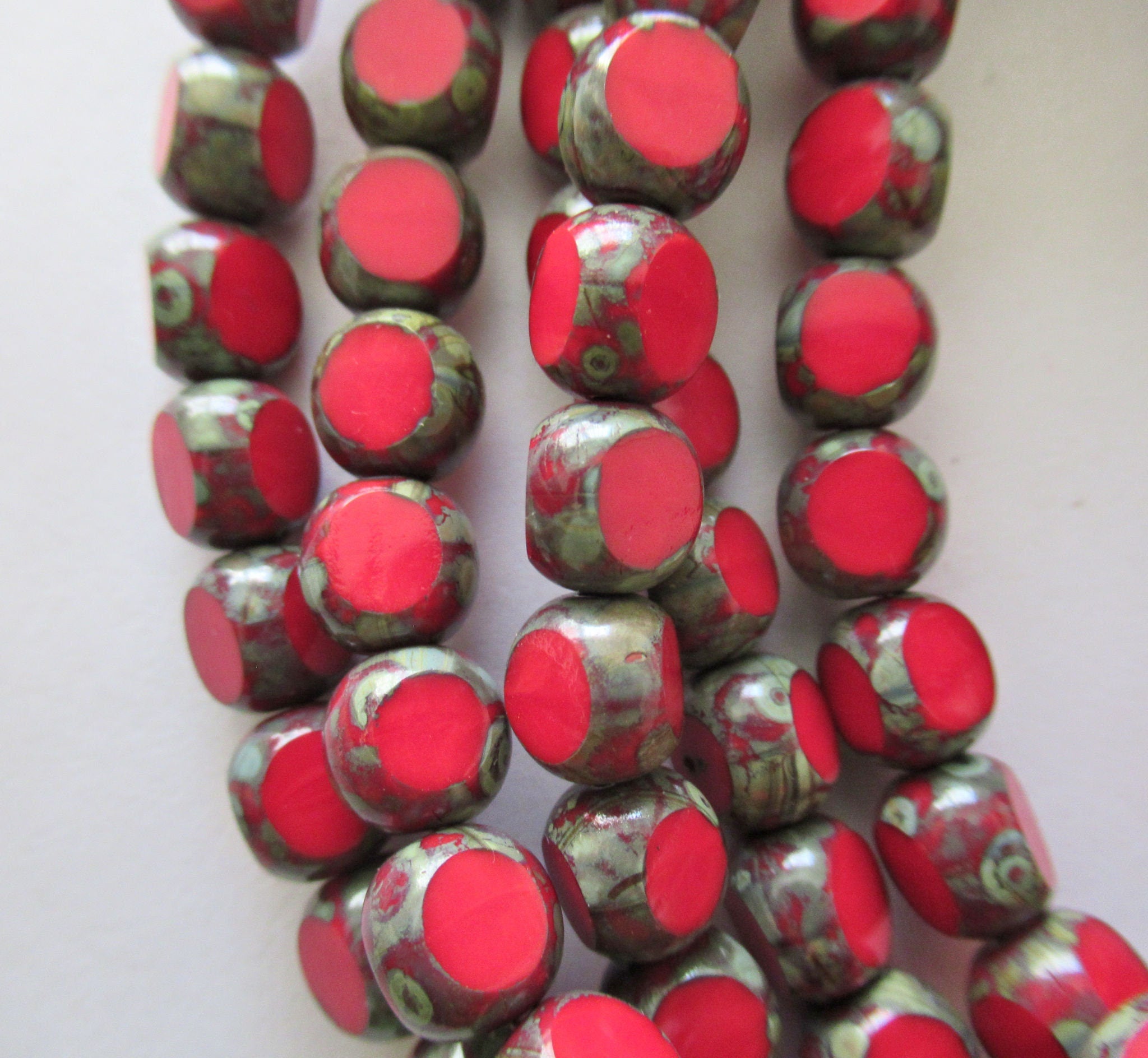 15 Tri-cut - Round Czech glass beads - opaque red picasso table cut 8mm rustic earthy beads C00521