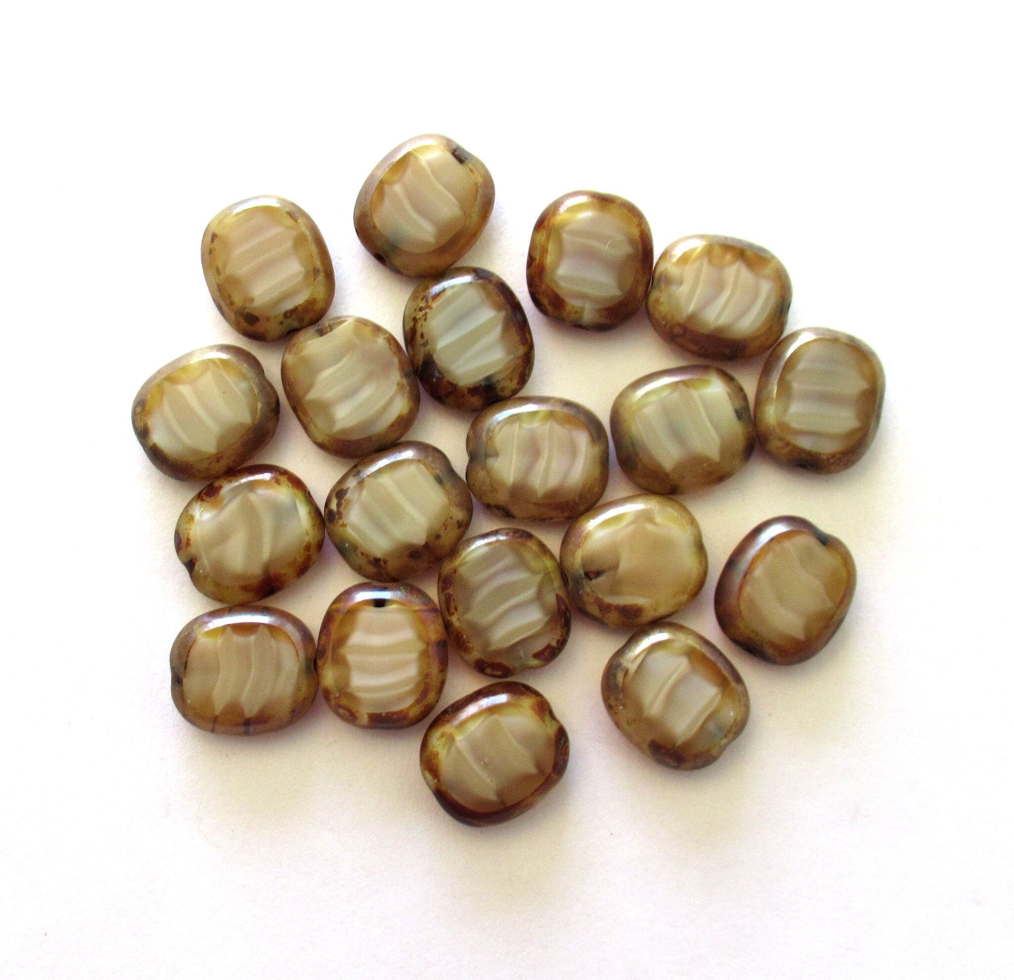 Six Czech glass oval beads - 14 x 12mm marbled silky brown / beige picasso table cut window beads - 00231