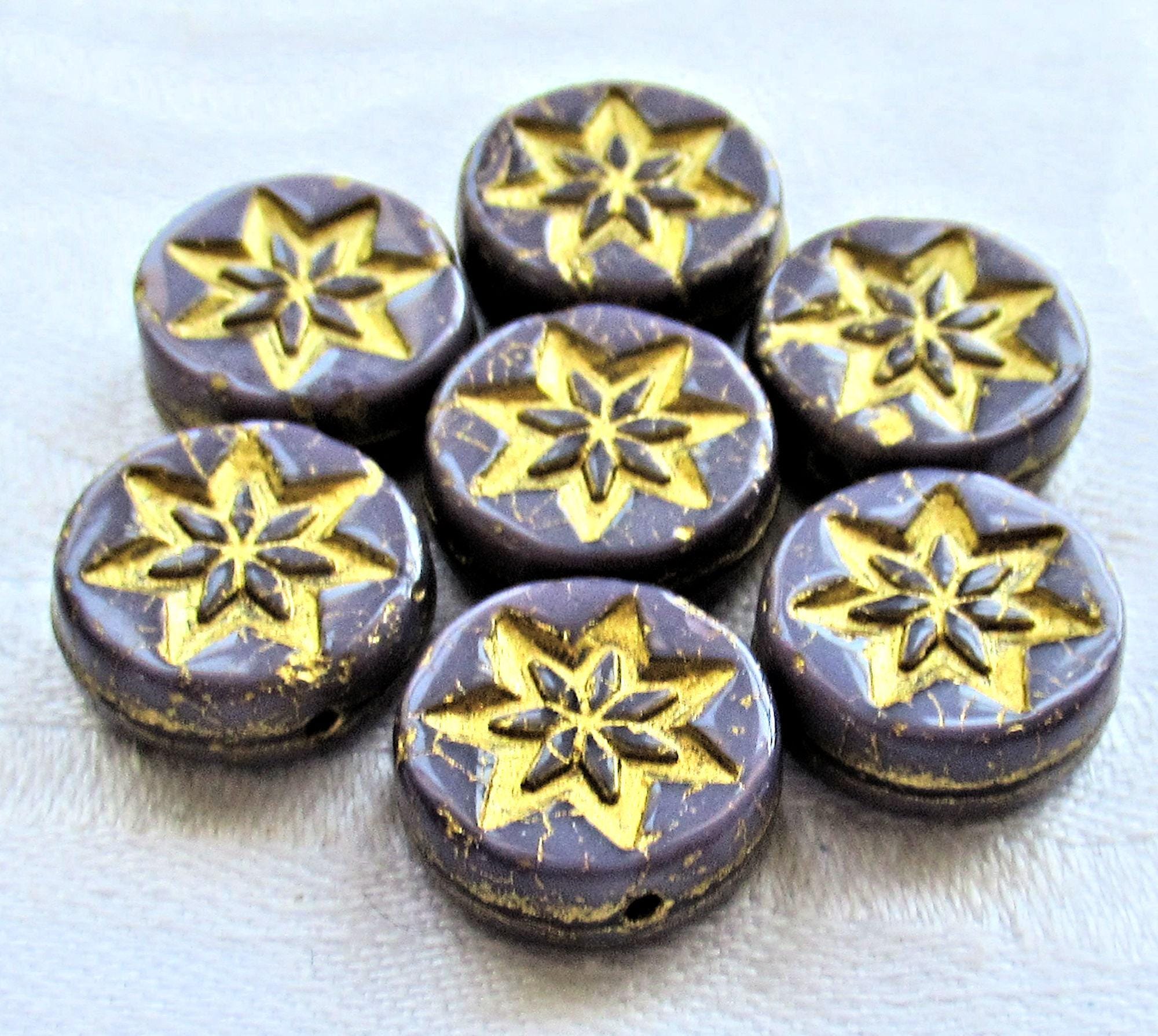 Ten 13mm coin or disc flower beads - opaque purple with a gold wash - Czech glass star beads - 4.5mm thick C08201