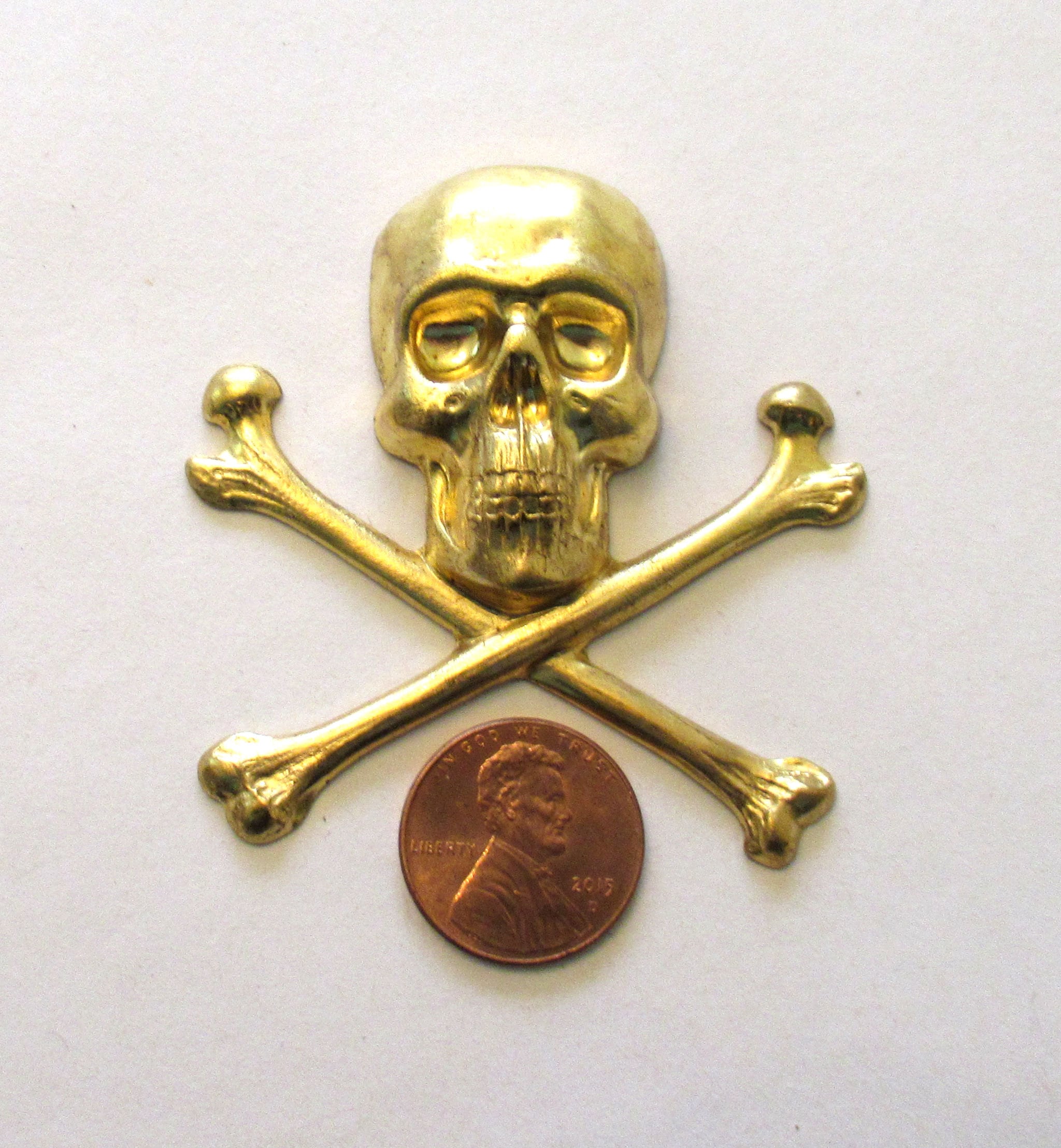 1 large scull and cross bones raw brass stamping - pirate pendant - ornament - component - 2.25" x 2.25" inches - made in the USA C00631