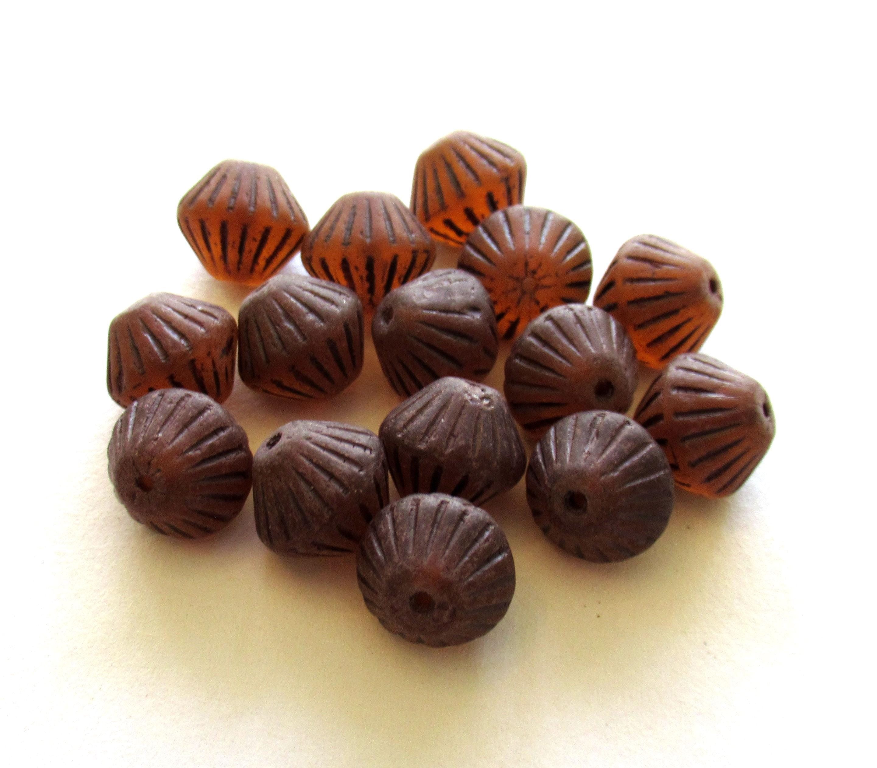 Five Czech glass bicone beads - 11mm x 10mm - translucent matte topaz brown - large chunky, rustic bicones - C0084