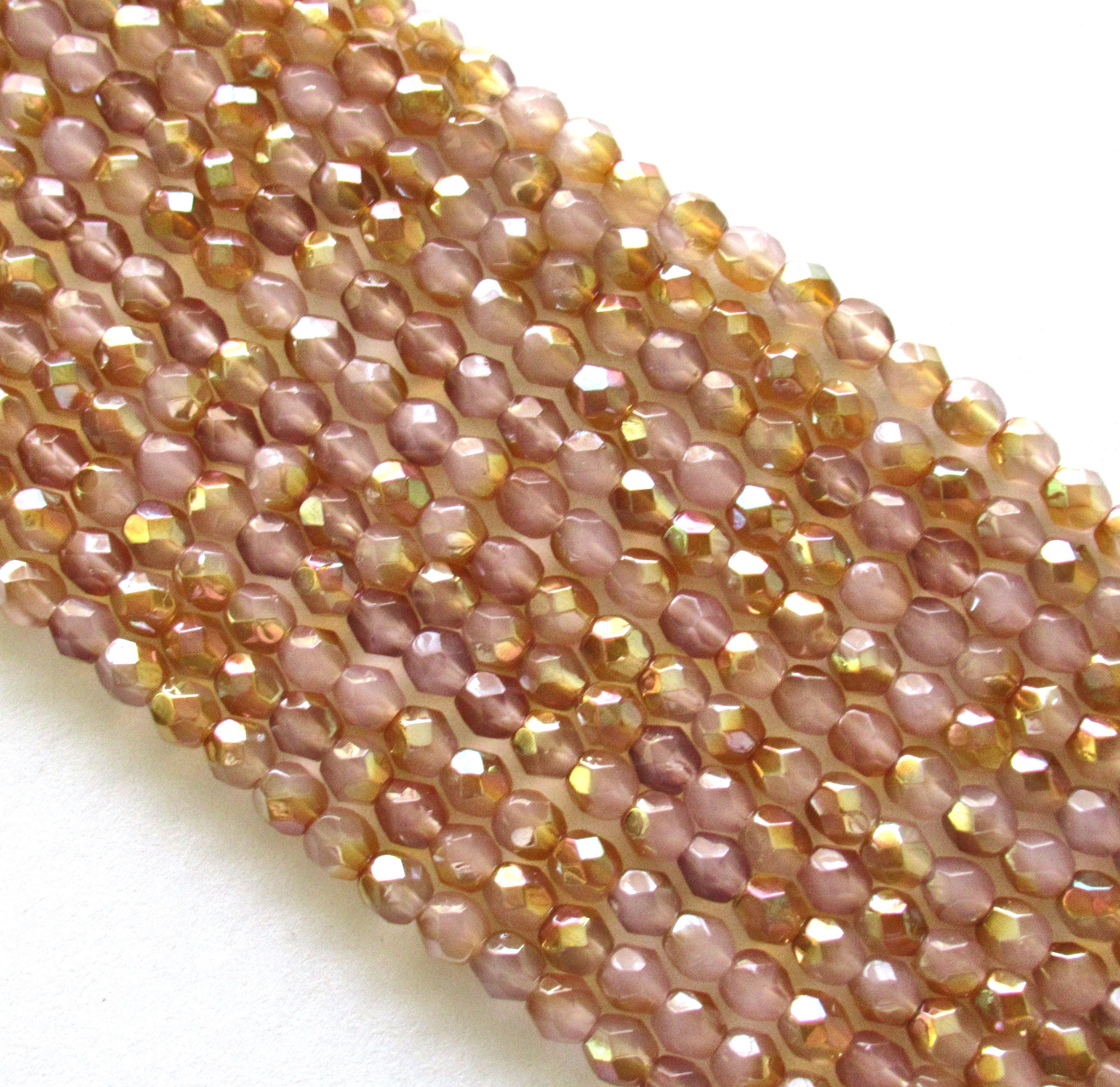 Lot of 50 4mm Czech glass beads - light Milky Pink Celsian - round faceted fire polished beads - C0096