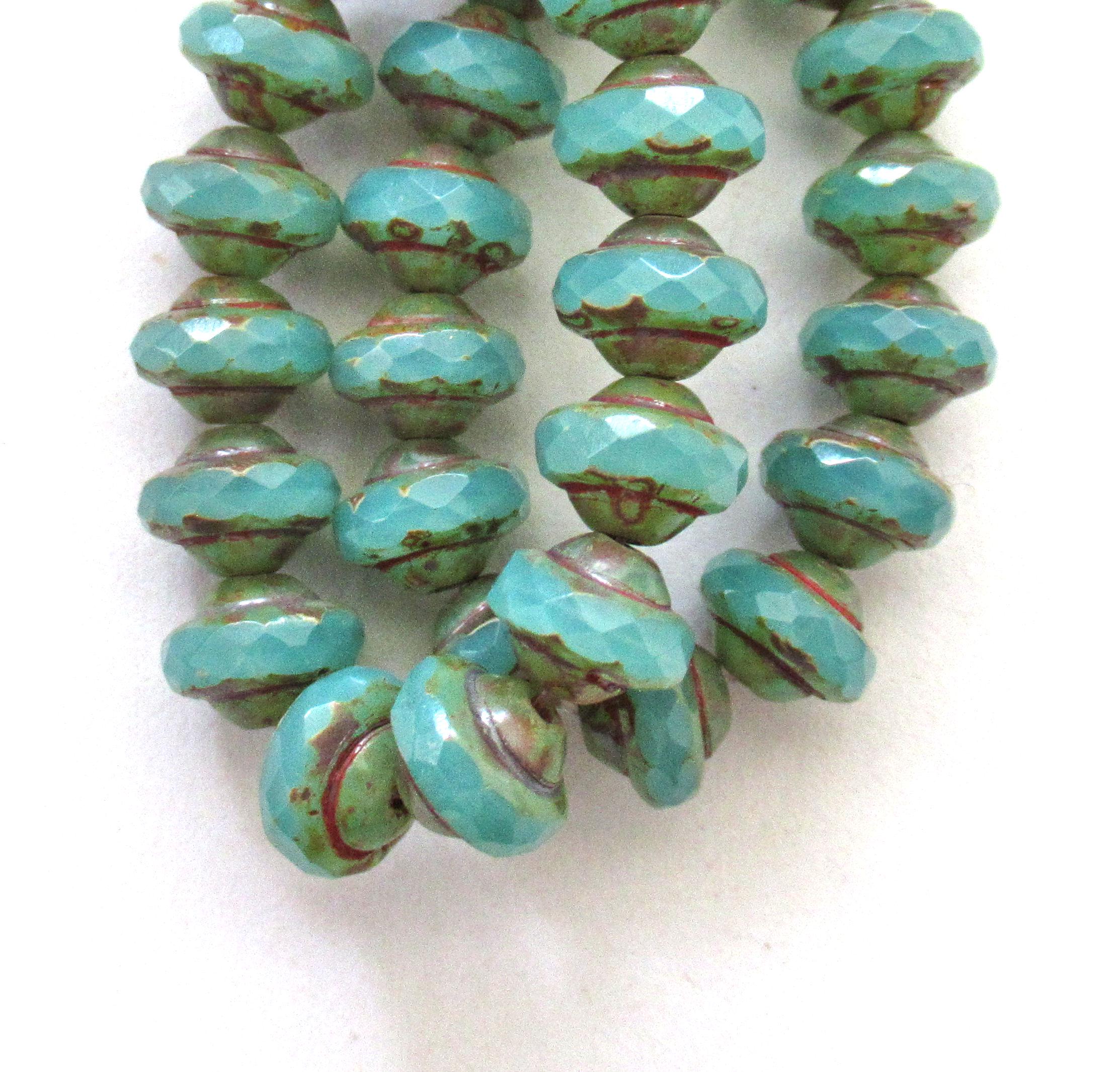 Fifteen Czech glass mini saturn beads - 6 x 8mm translucent seafoam blue green picasso beads - faceted fire polished saucer beads - C00522