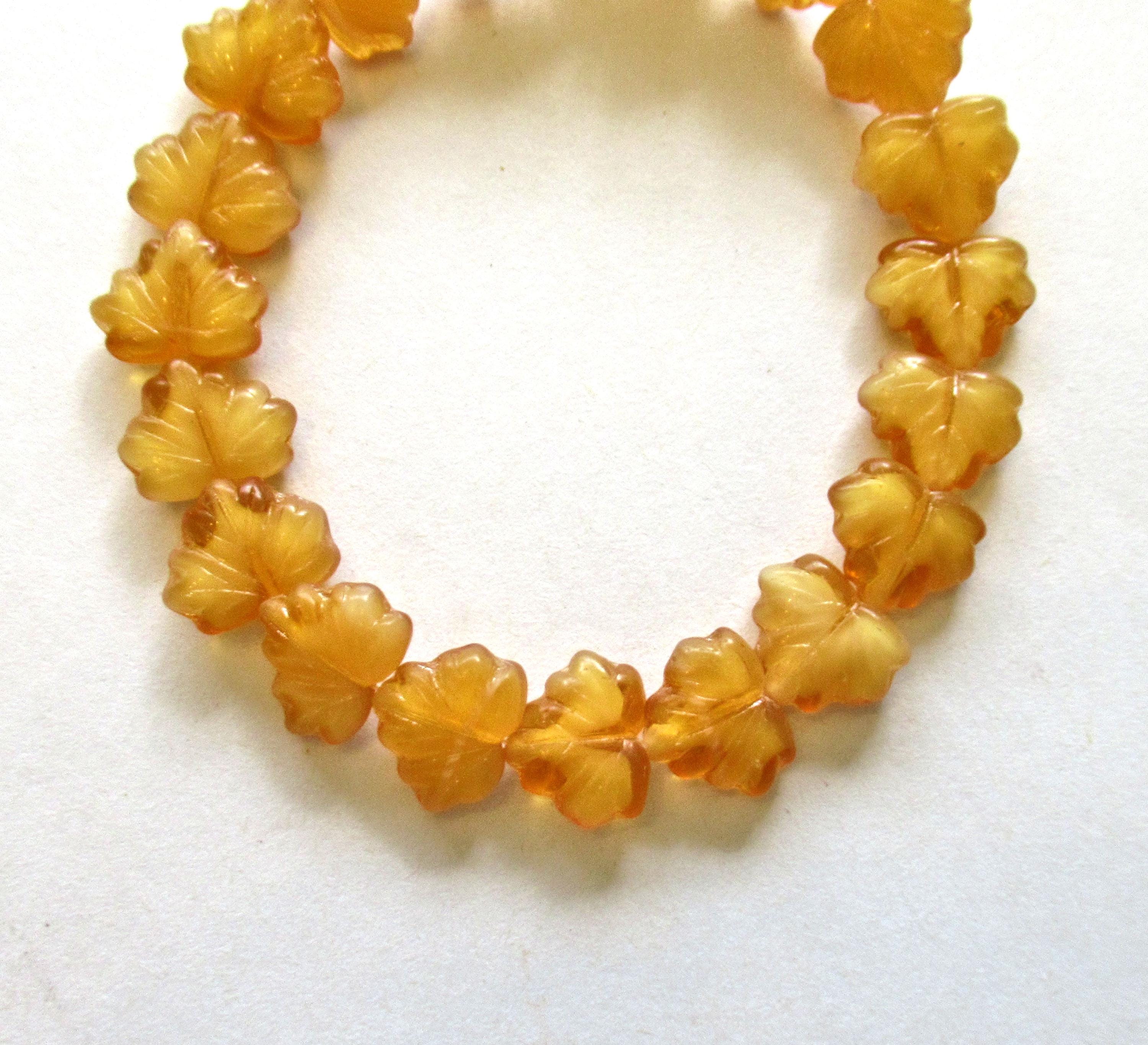 10 Czech glass maple leaf beads - amber leaves with white hearts - center drilled - 13 x 11mm leaves- C00201