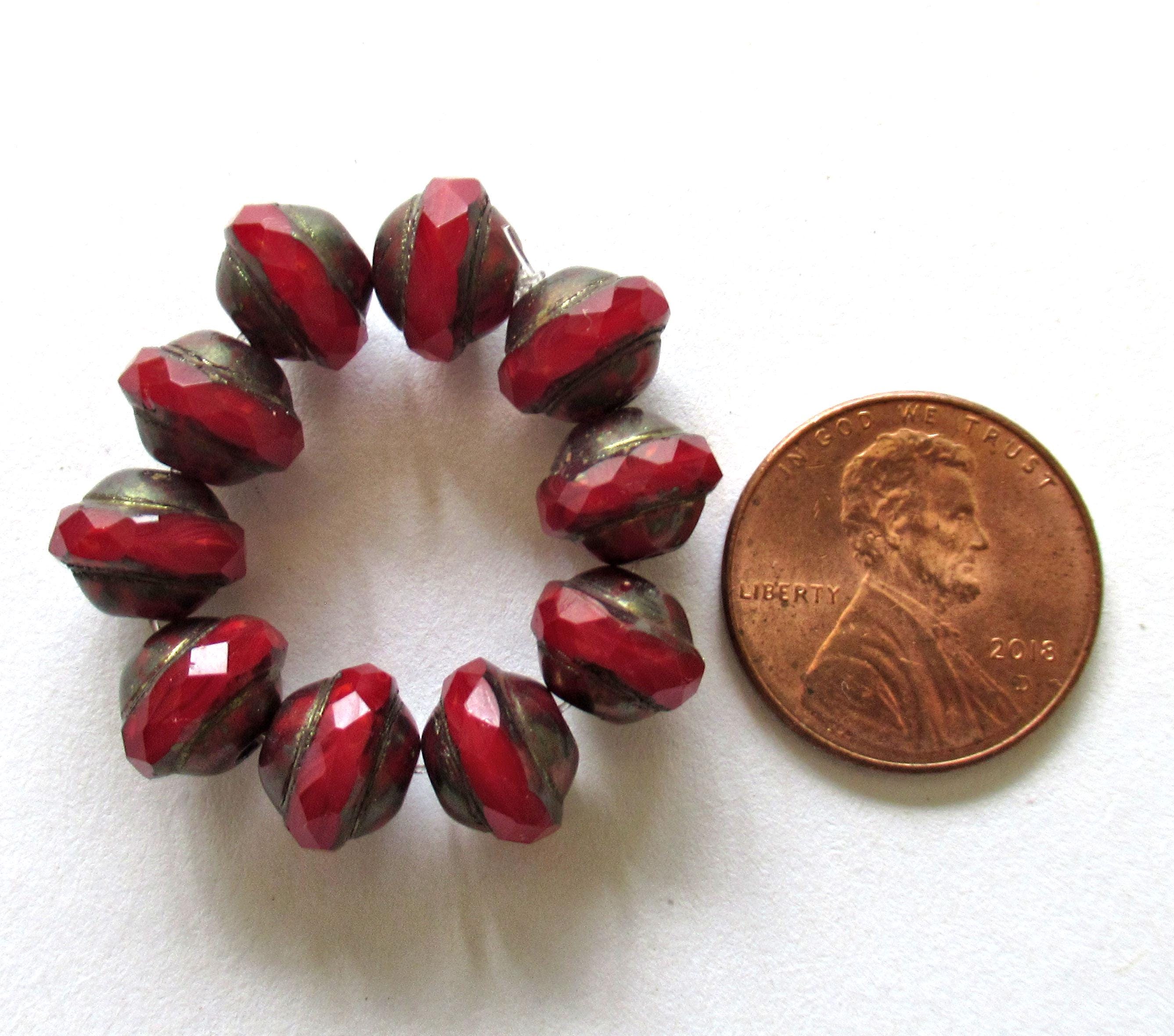 Ten Czech glass saturn or saucer beads - red opal with a dark bronze picasso finish - 8mm x 10mm - Faceted fire polished beads - C00191