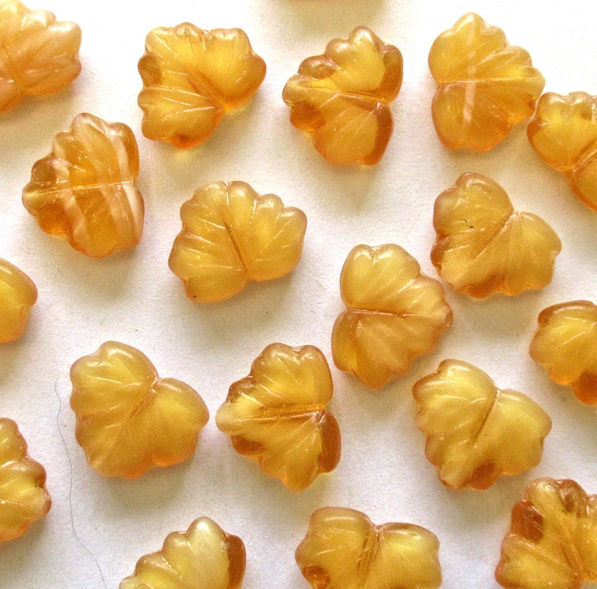 10 Czech glass maple leaf beads - amber leaves with white hearts - center drilled - 13 x 11mm leaves- C00201
