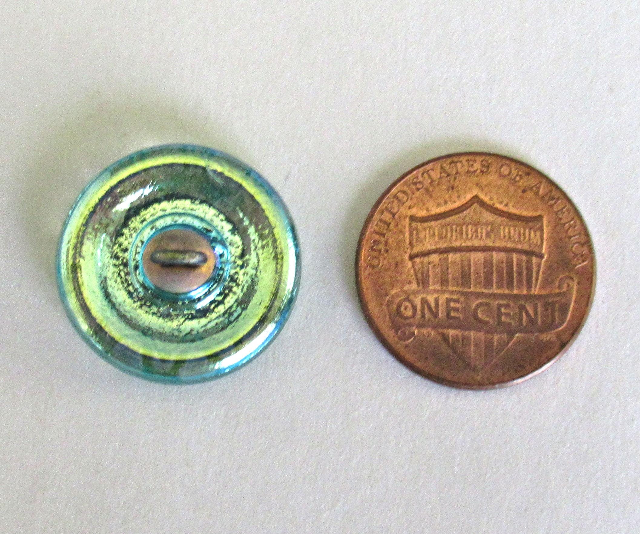 One 18mm Czech glass mandala button - iridescent green button with a blue center & a green wash - decorative shank button - 00072