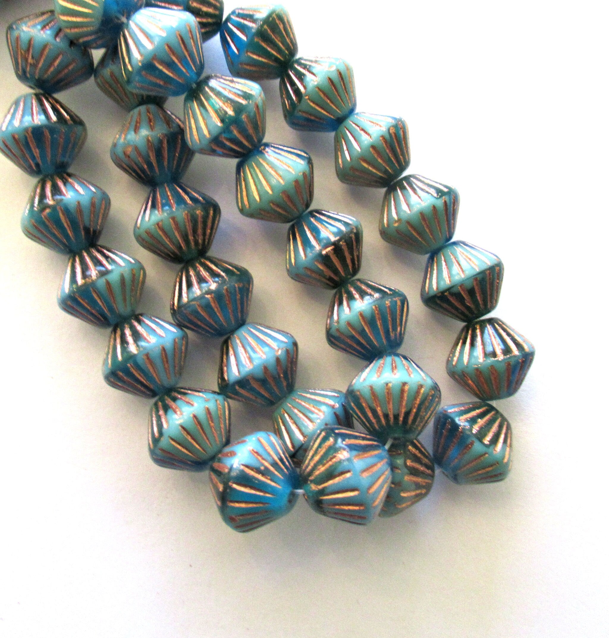 Five 11mm x 10mm chunky rustic Czech glass bicones - opaque and transparent blue & green w/ bronze accents carved bicone beads- C0045