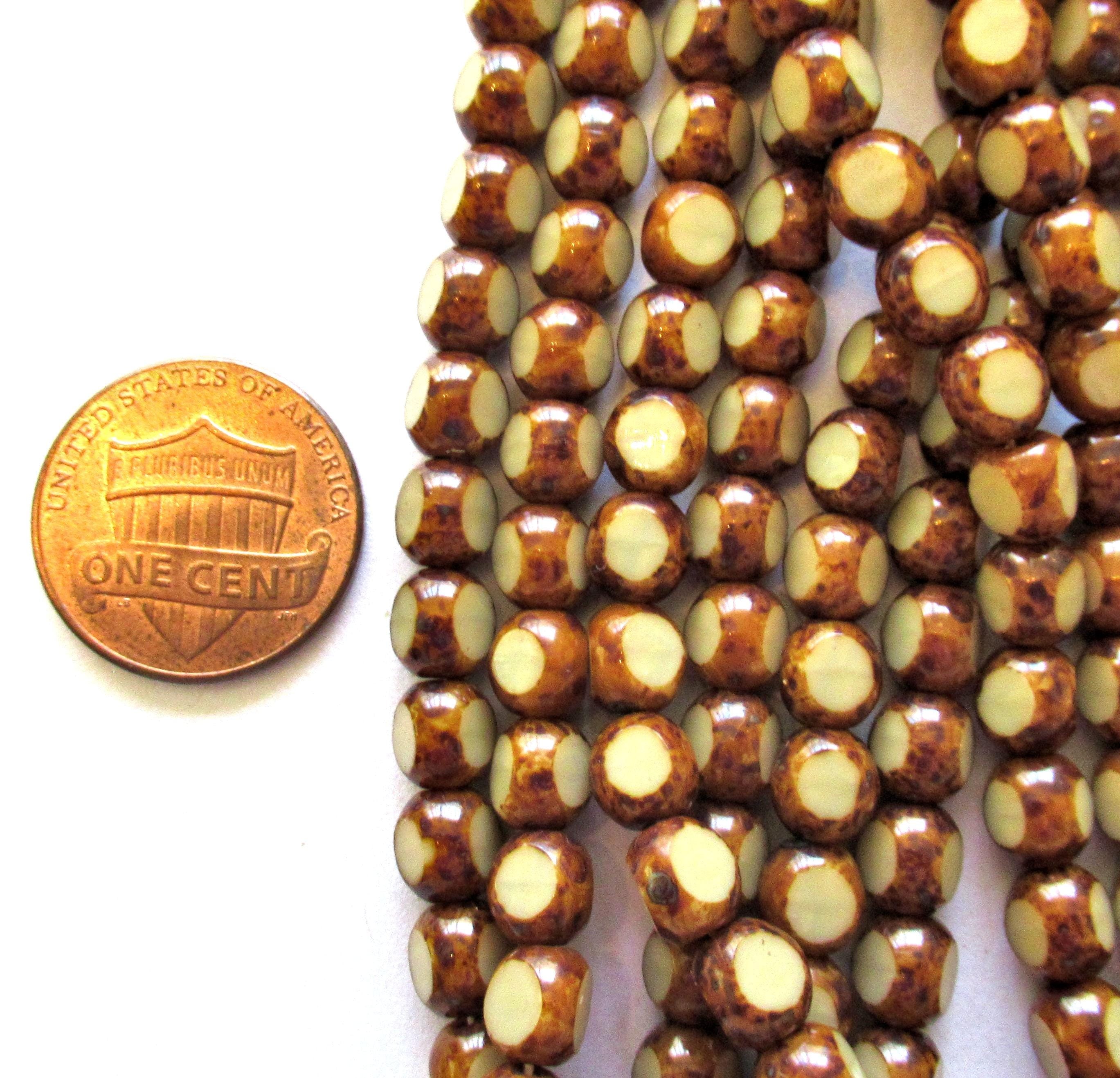 25 Czech glass tri-cut round beads - 6mm - off white or beige picasso beads - table cut rustic earthy window beads C0097