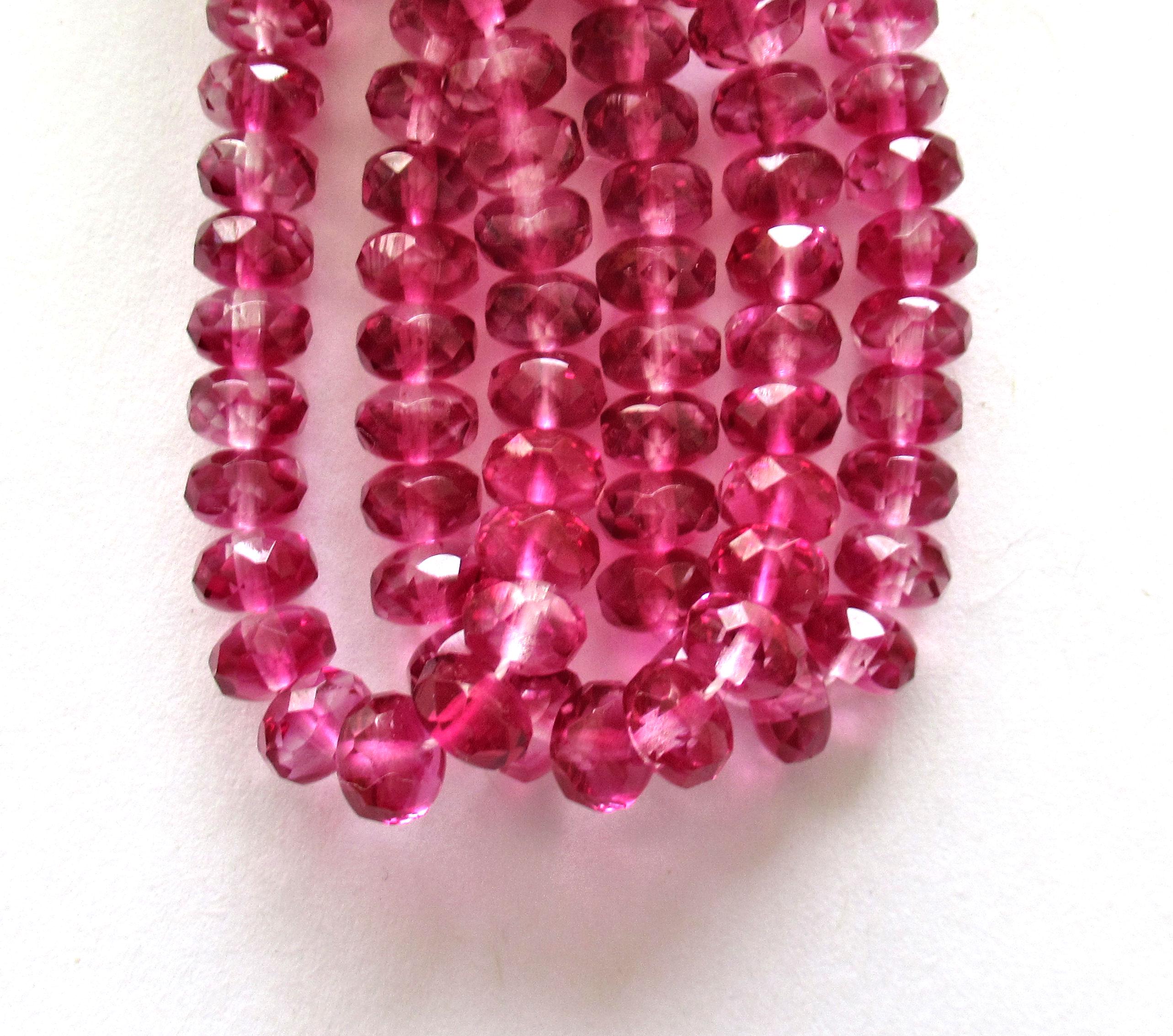 Pink Czech glass puffy rondelle beads - 5 x 7mm - marbled fuchsia pink & crystal - faceted fire polished beads - 25 pcs - C00142