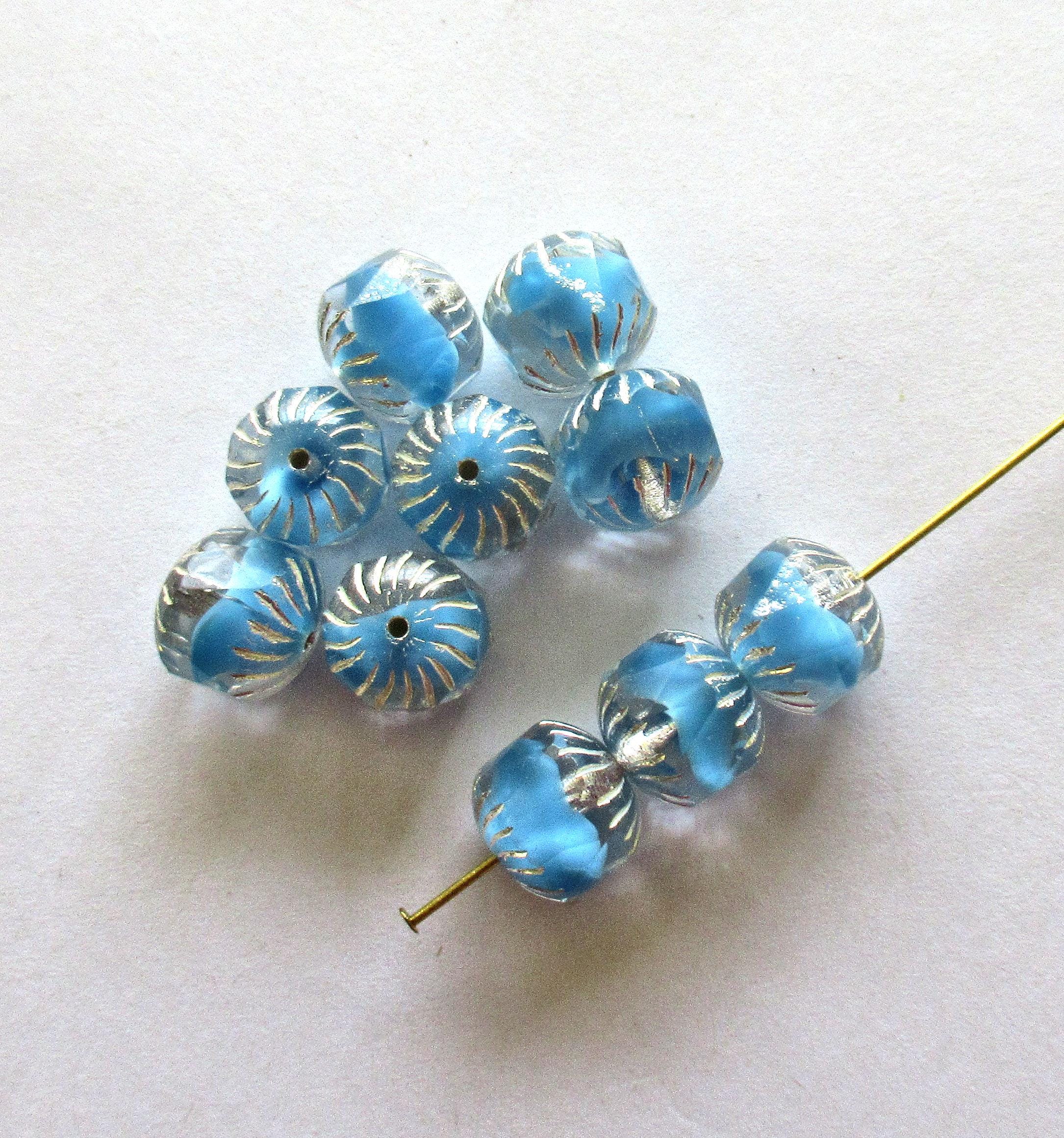 Ten Czech glass faceted carved cruller beads - 10mm - sky blue silk and crystal clear mix - cathedral beads w/ silver accents - 00024