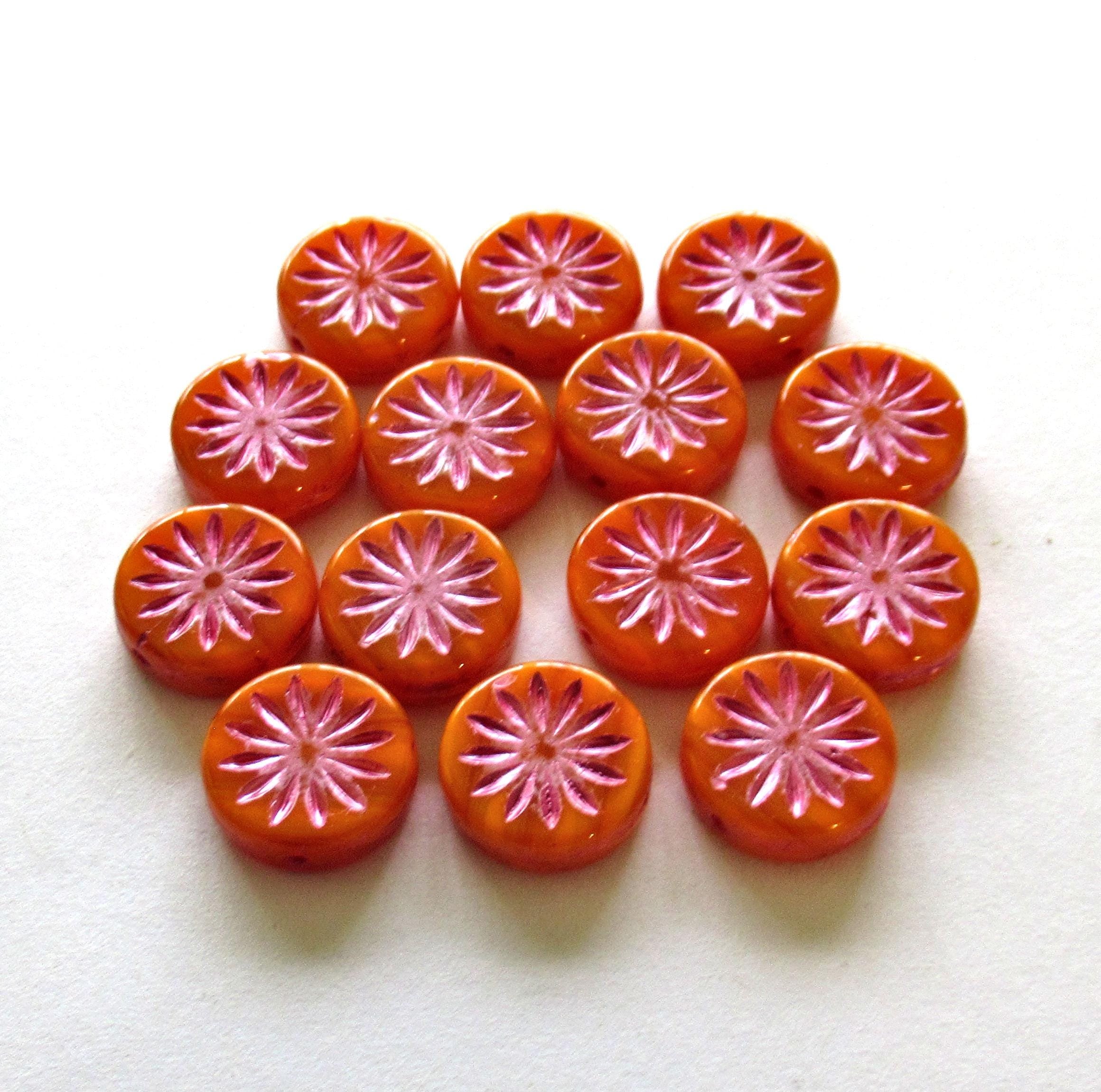 6 Czech glass coin beads - 12mm - orange opal Aster flower disc beads with pink accents - thick flat round beads - 00201