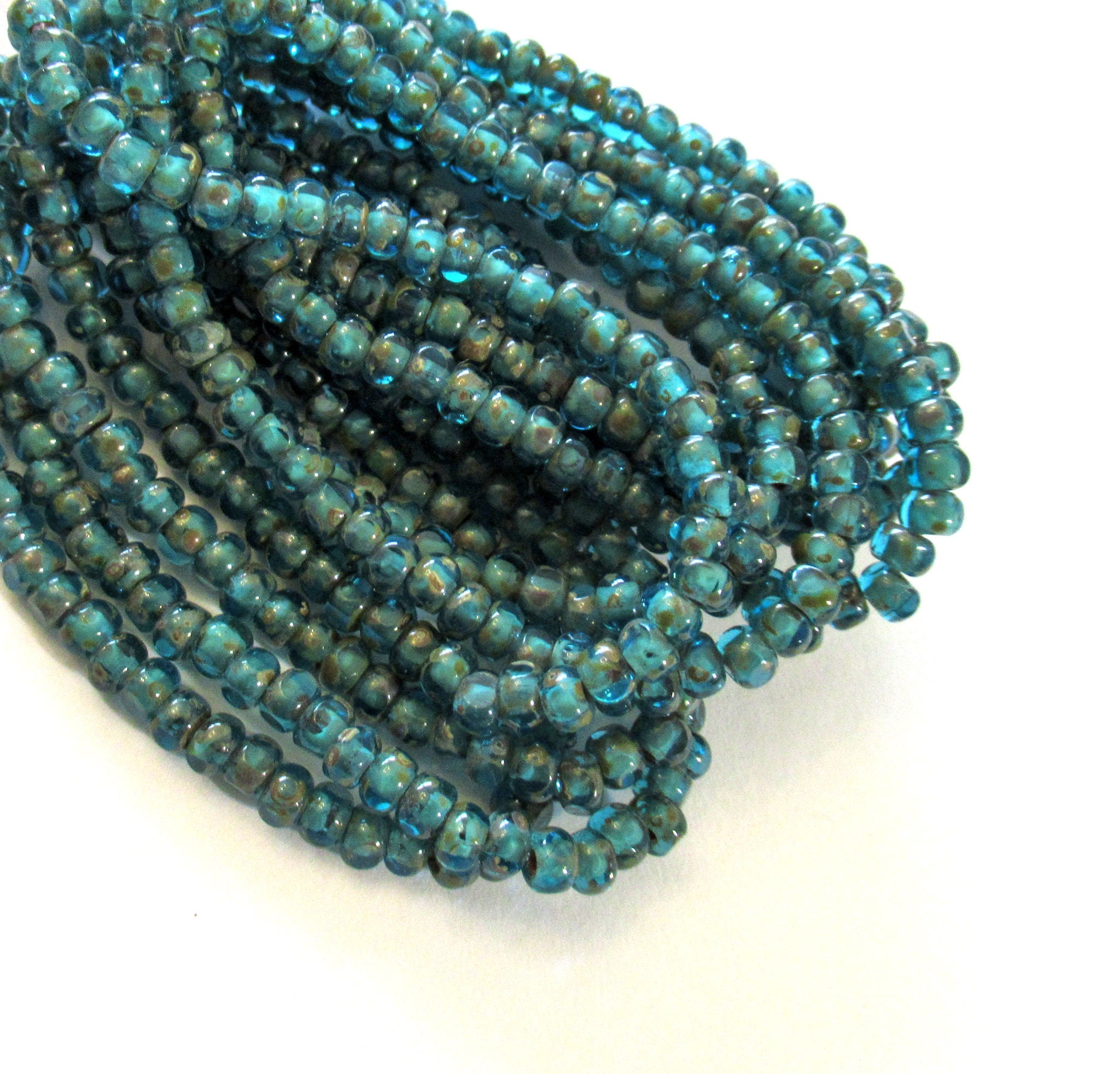 Fifty 6/0 faceted Czech glass seed beads - aqua blue picasso seed beads C0087