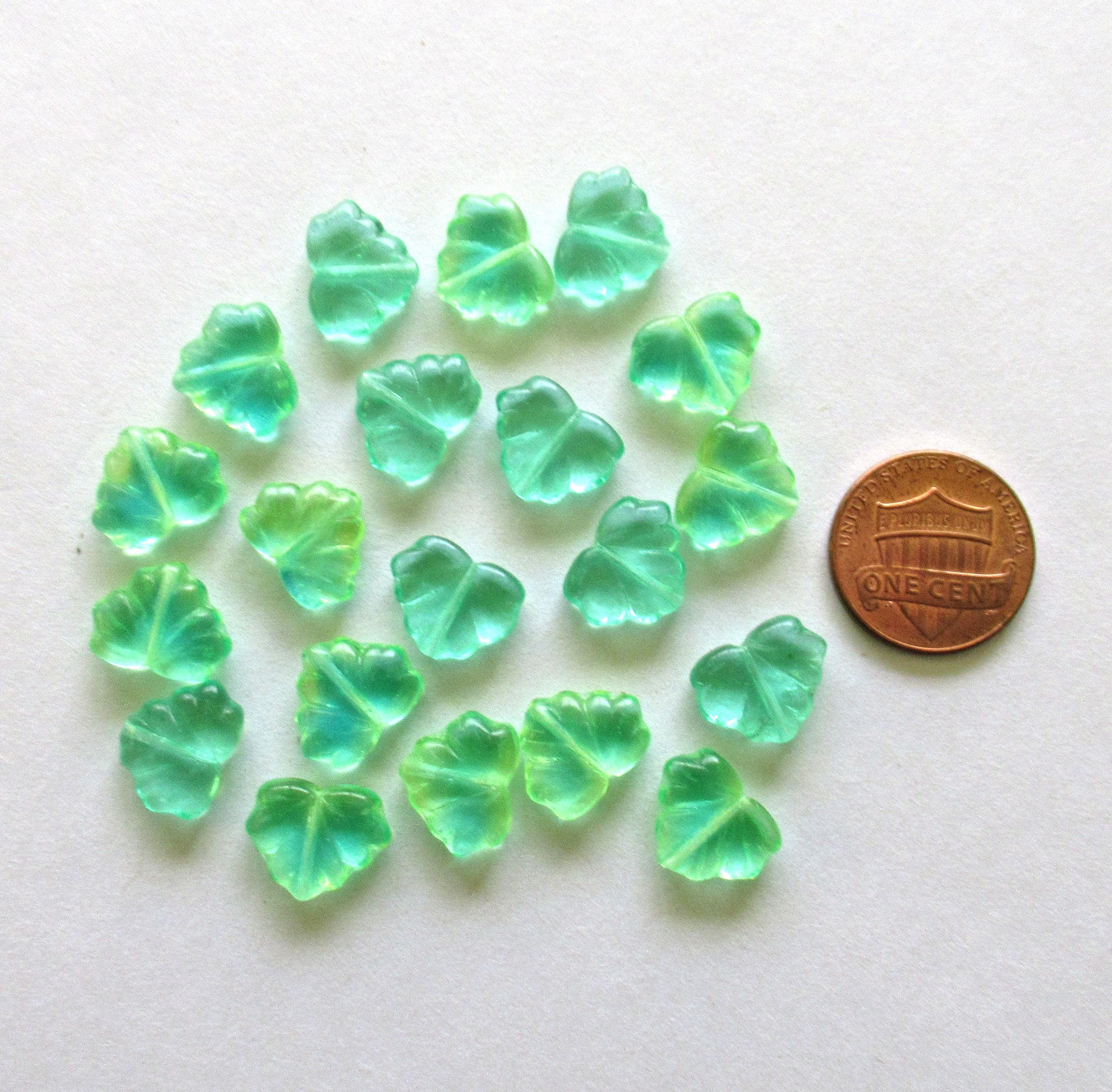 10 Czech glass maple leaf beads - transparent blue green mix leaves - center drilled - 13 x 11mm leaves- C00011