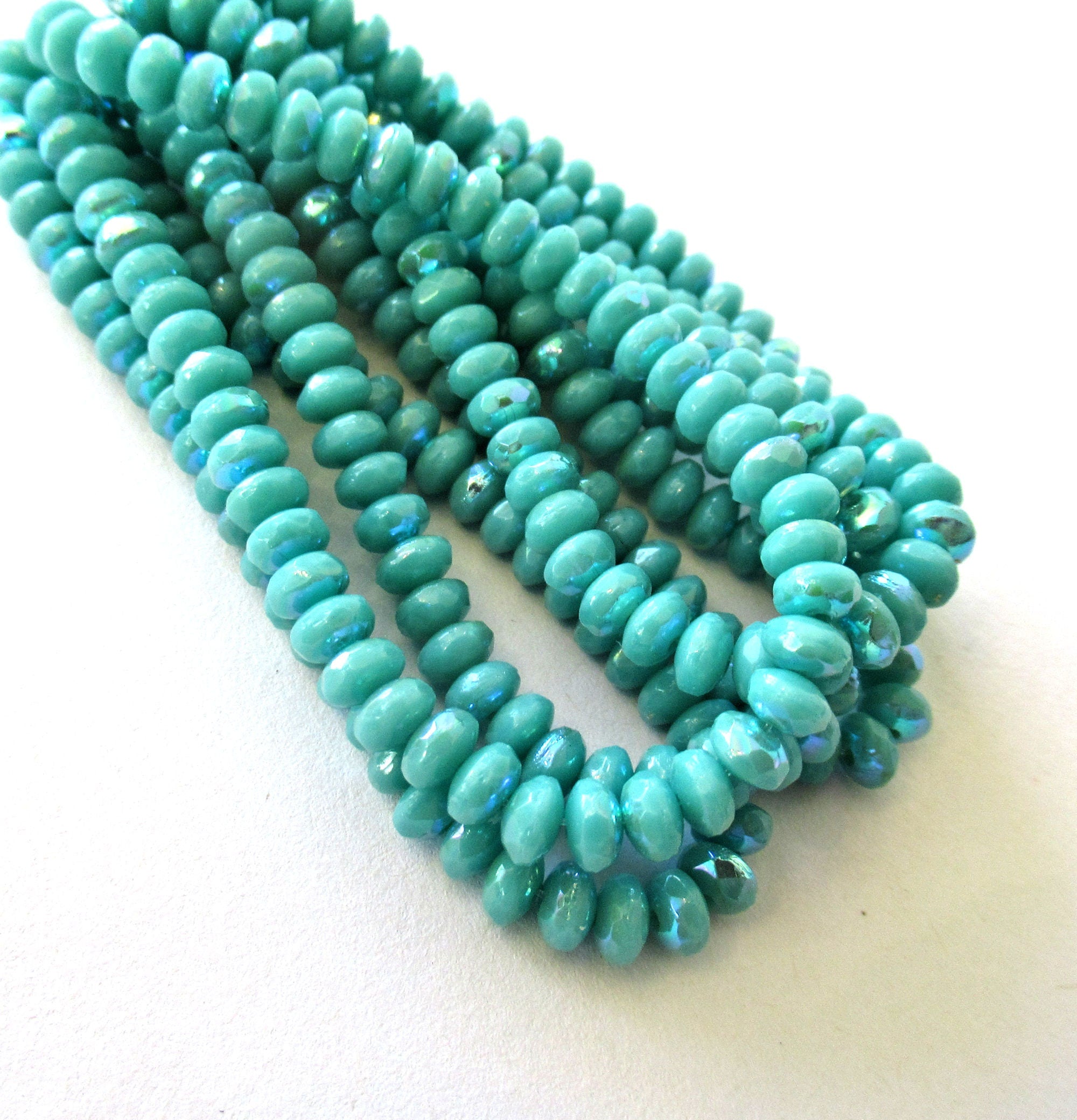 30 small puffy rondelle beads - opaque turquoise blue green ab - 3mm x 5mm faceted Czech glass rondelles 00041