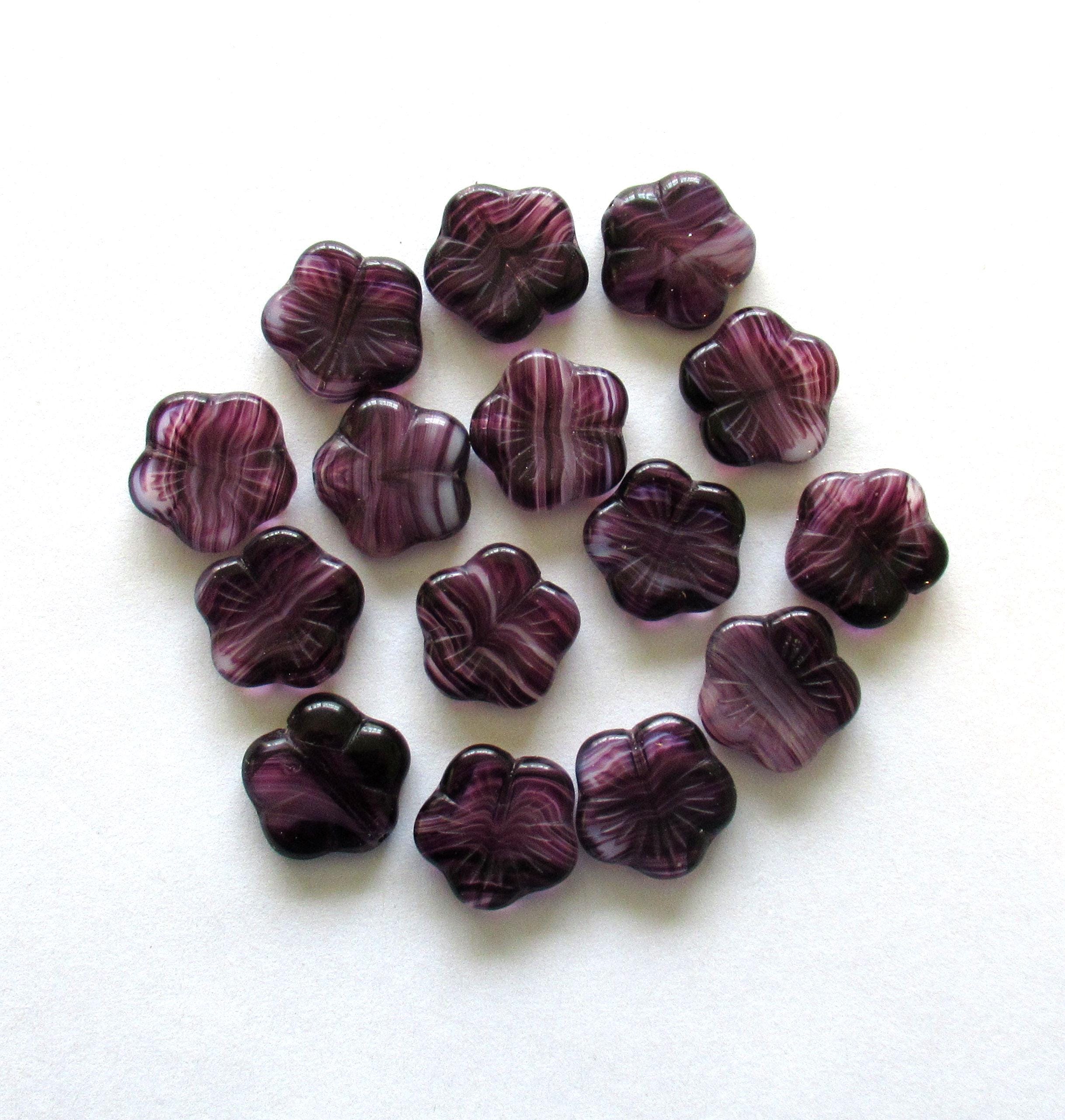 Ten 14mm Czech glass flower beads - marbled amethyst purple and white pressed glass floral beads - C0021