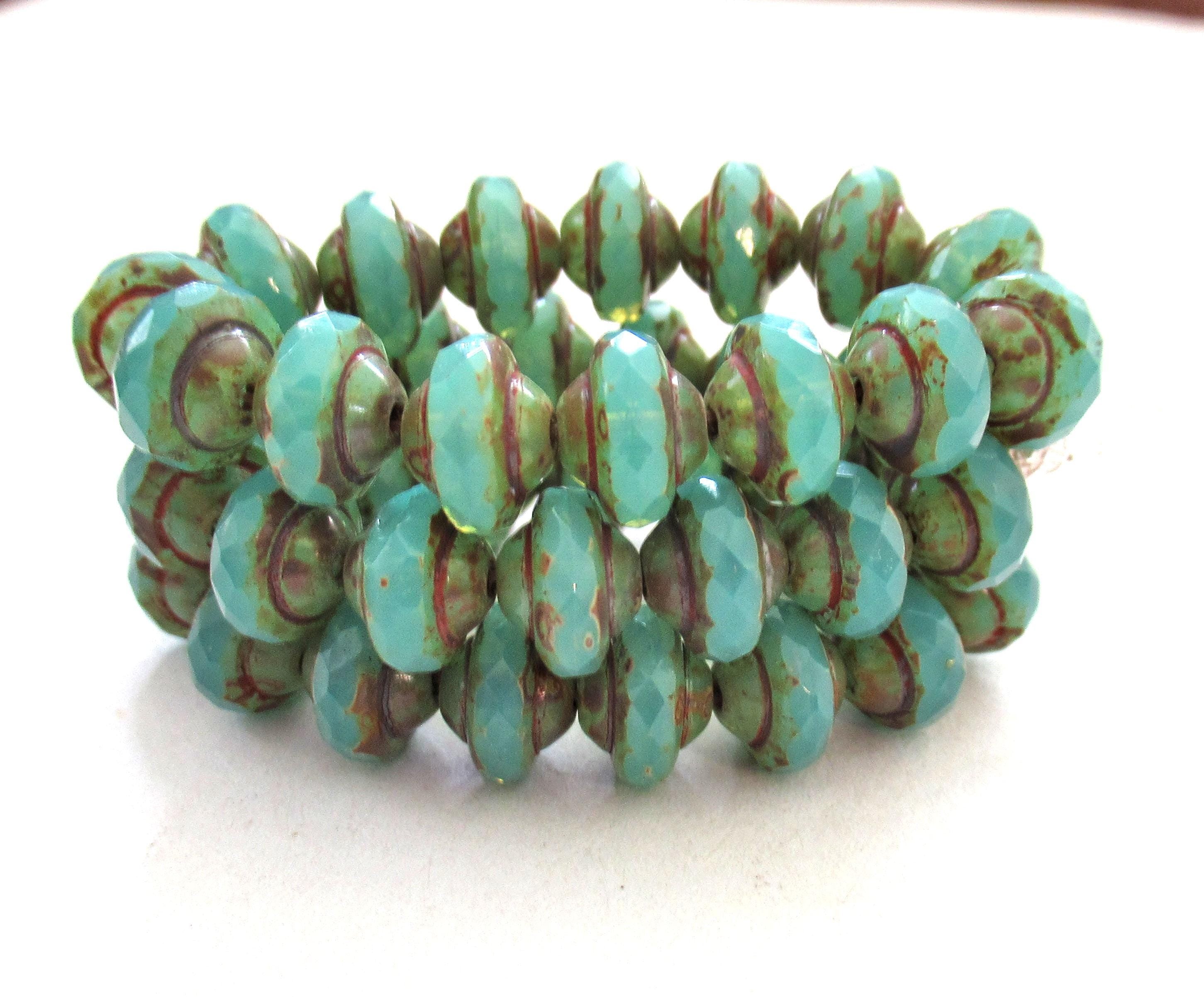 Fifteen Czech glass mini saturn beads - 6 x 8mm translucent seafoam blue green picasso beads - faceted fire polished saucer beads - C00522