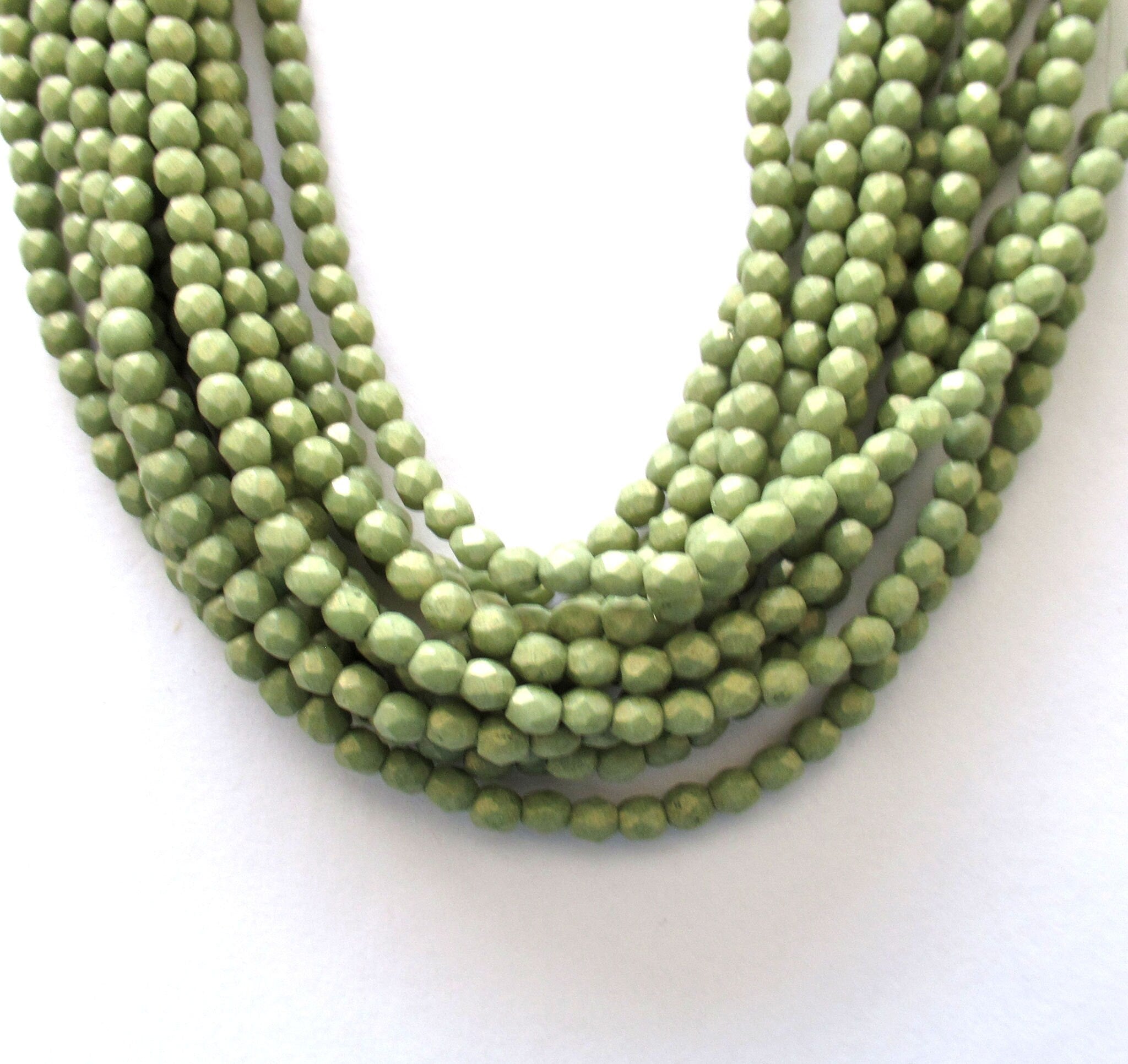 50 3mm Czech glass beads - opaque pacifica avocado green fire polished - faceted round beads - C0085