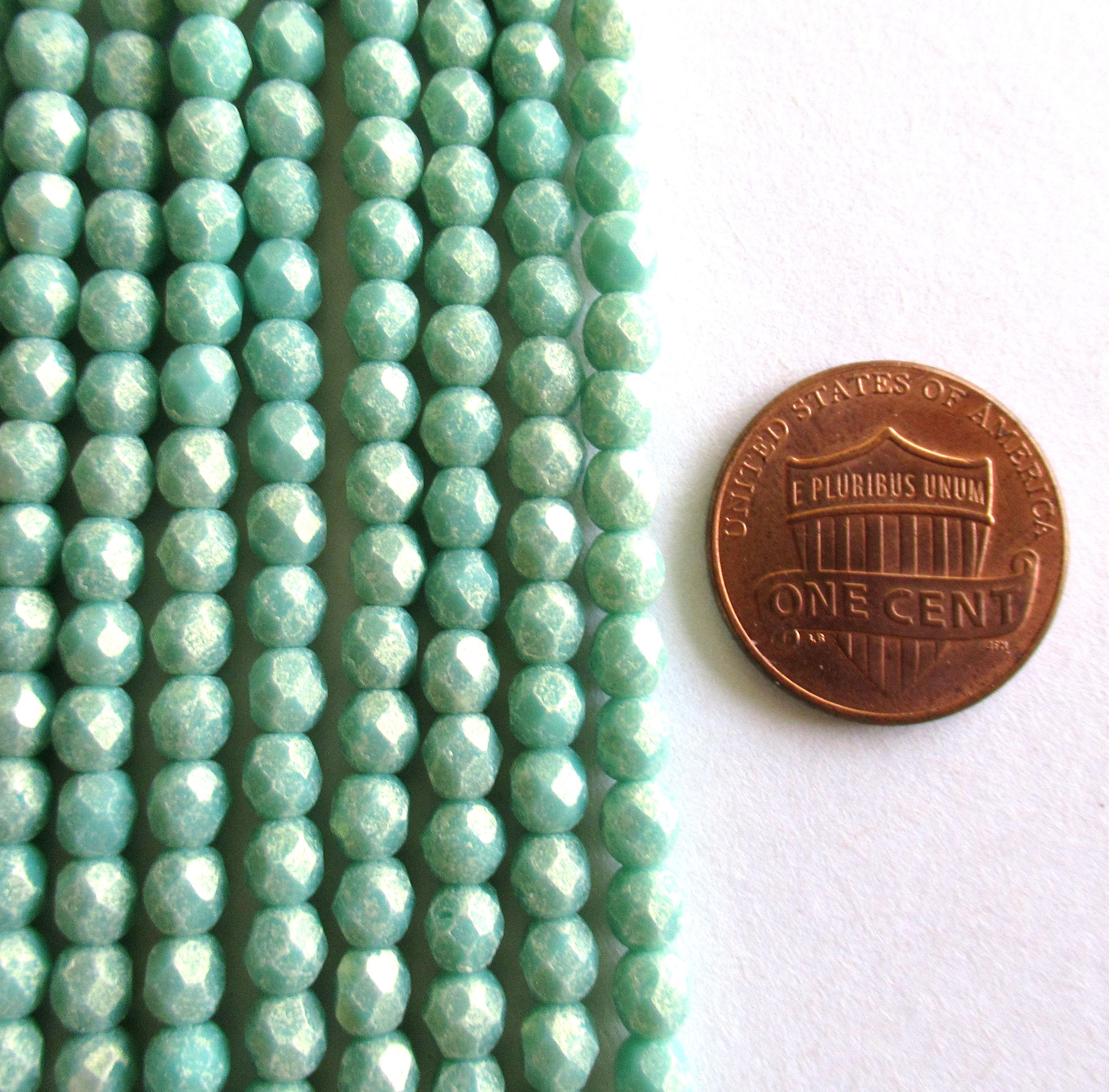 Lot of 50 4mm Czech glass beads - opaque Sueded Gold Turquoise blue green beads - fire polished faceted round beads - C0066