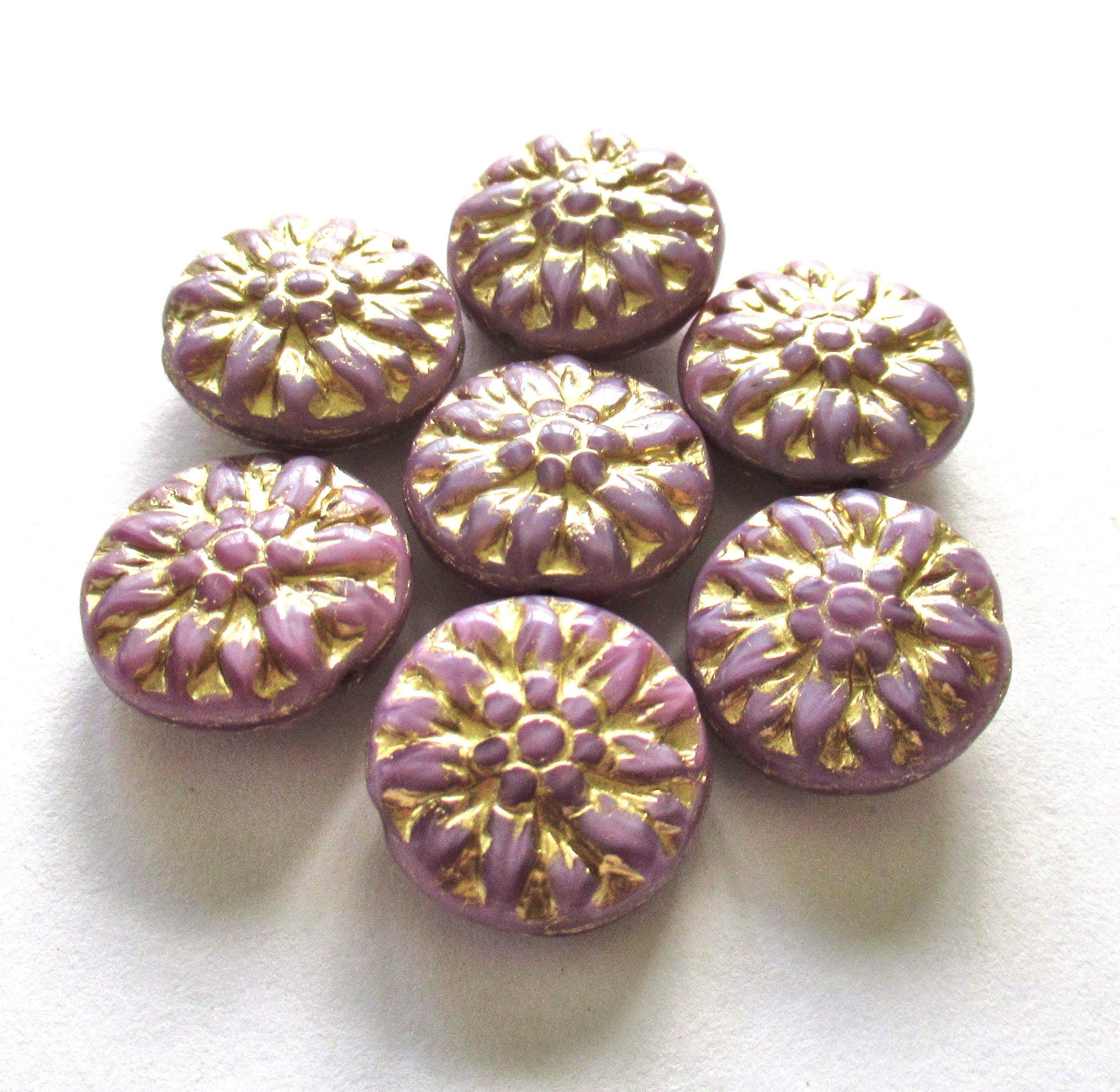 Six Czech glass Dahlia flower beads - 14mm light purple and pink silk mix floral beads w/ gold wash - puffy coin or disc beads - C00051