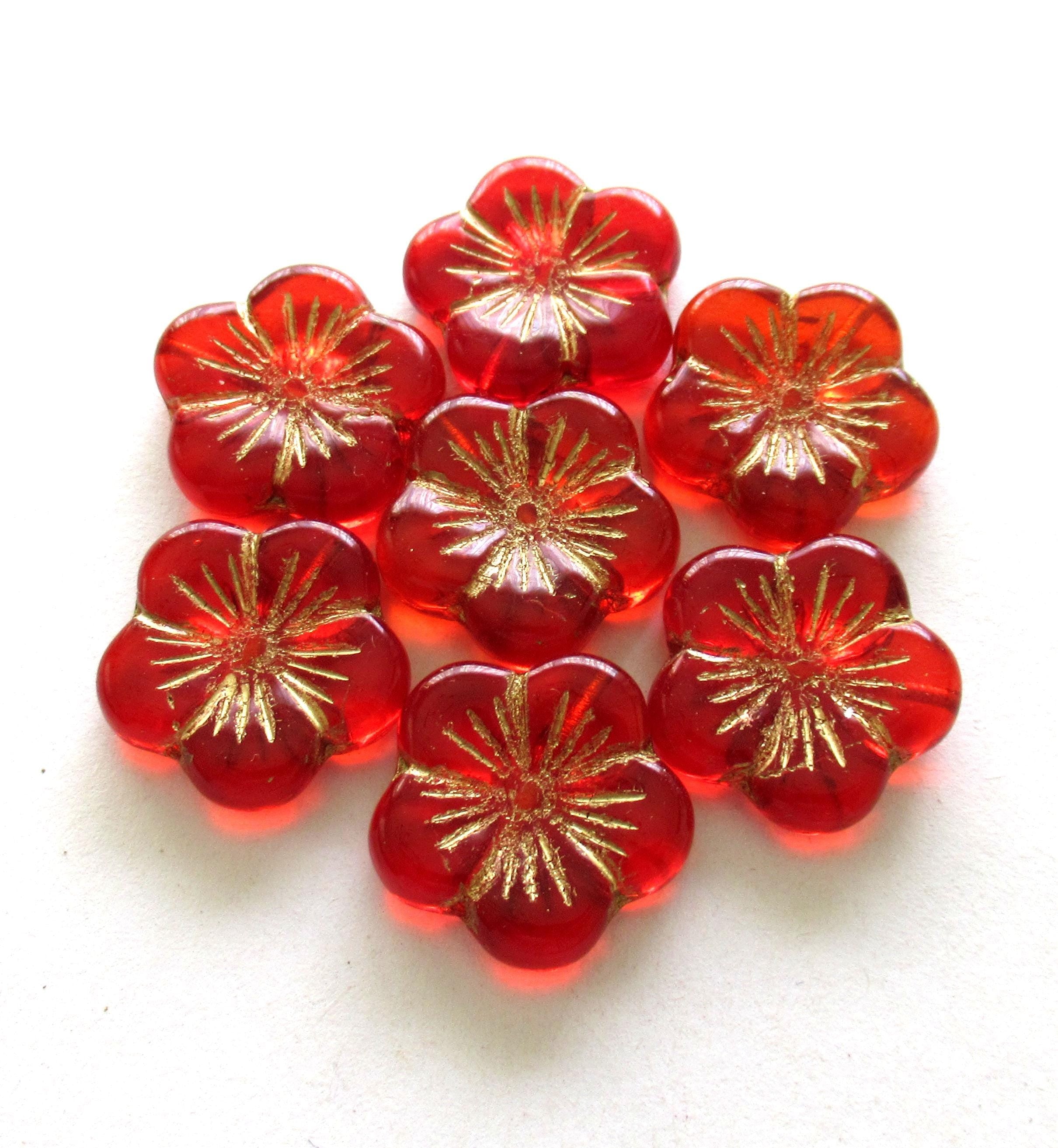 Four large Czech glass flower beads - siam red pansy beads with gold accents - beads - focal or statement beads - 20mm - 00521