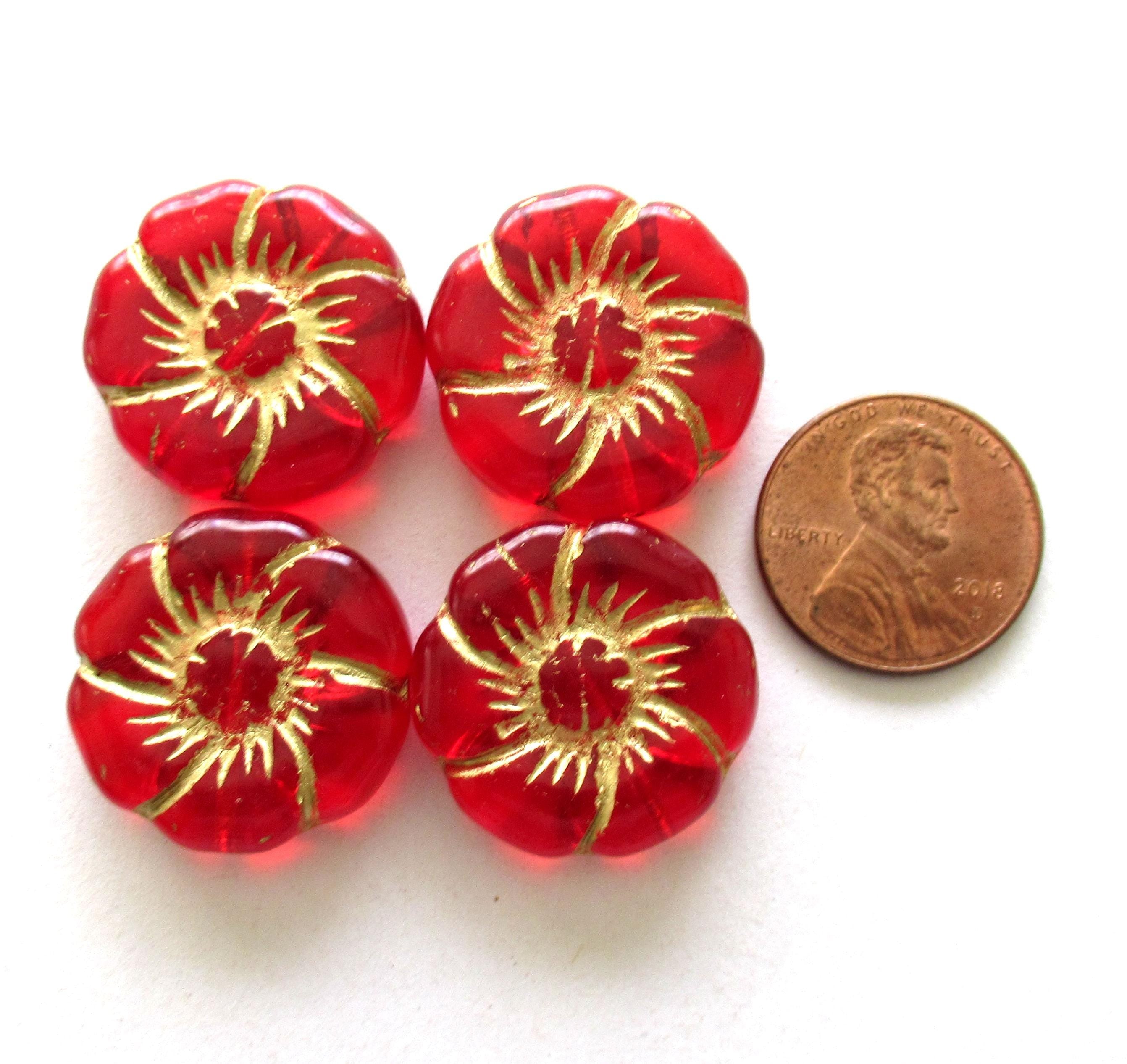 Two large 22mm Czech glass flower beads - transparent siam red beads with gold accents - pressed focal or statement beads - 00011