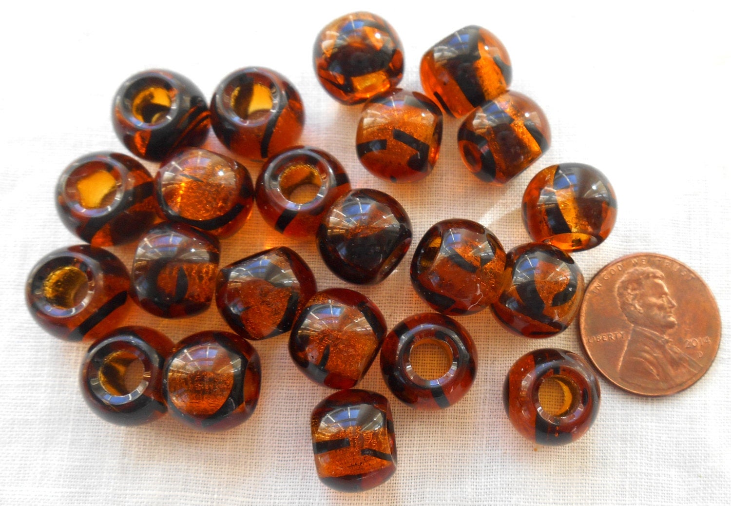 Six 12mm round Tortoiseshell, Tortoise Shell, Topaz Brown Czech glass big hole druk beads, 4.5mm large holes, C4801
