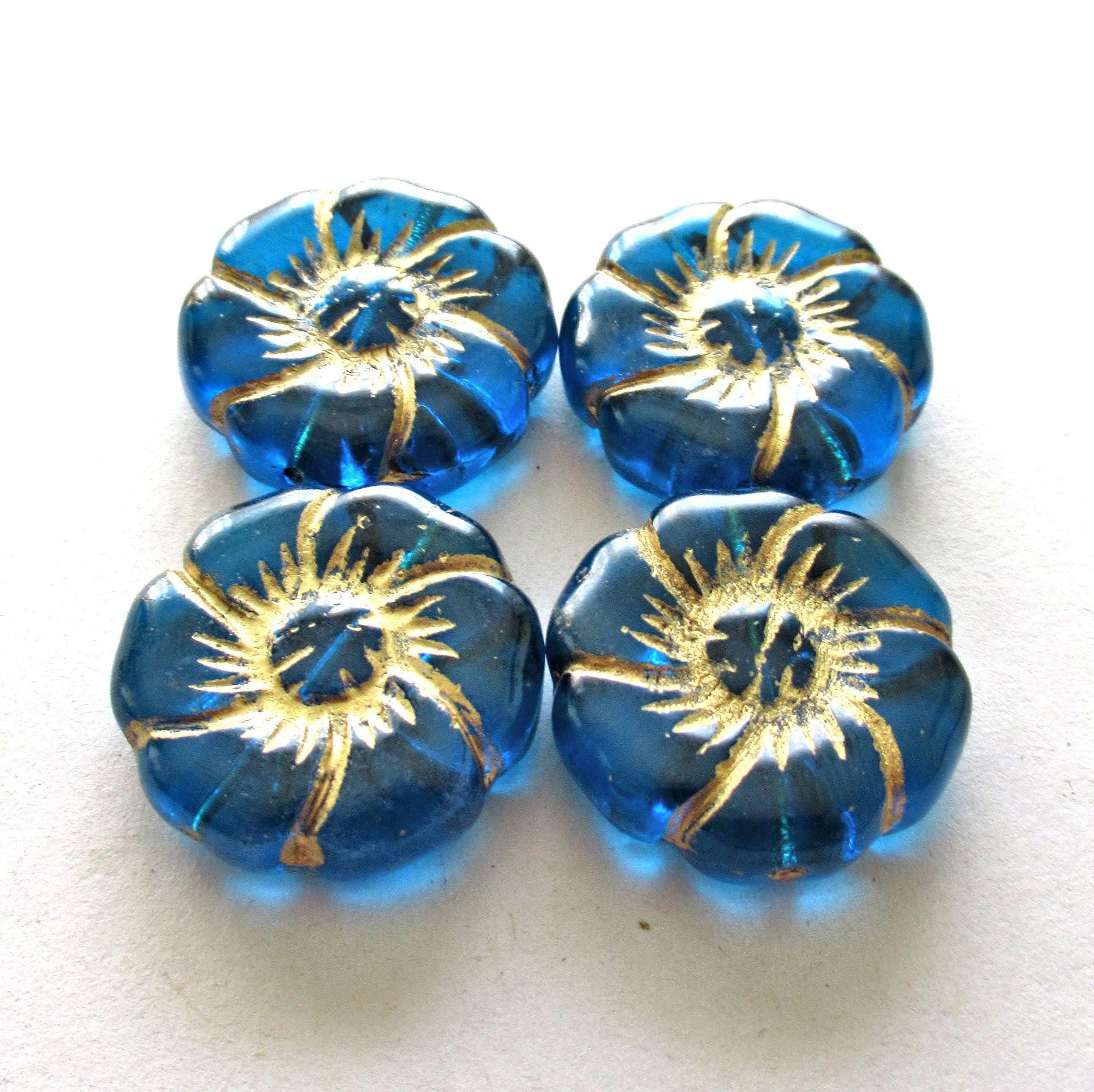 Two large 22mm Czech glass flower beads - transparent capri blue beads with gold accents - pressed focal or statement beads - 00011